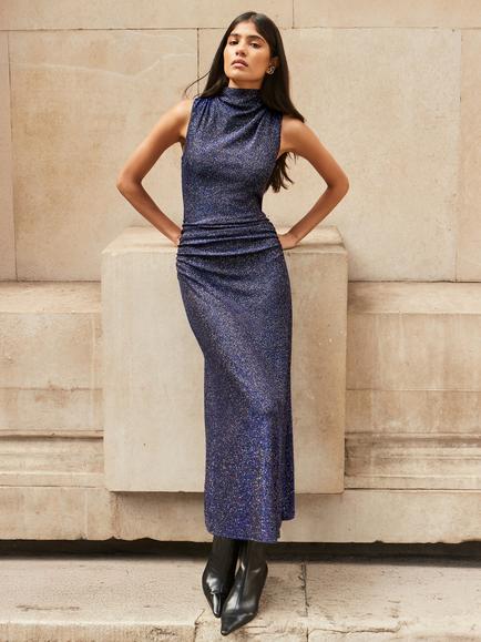 Ro&Zo Robyn Sparkle Cowl Neck Dress, Blue, Blue