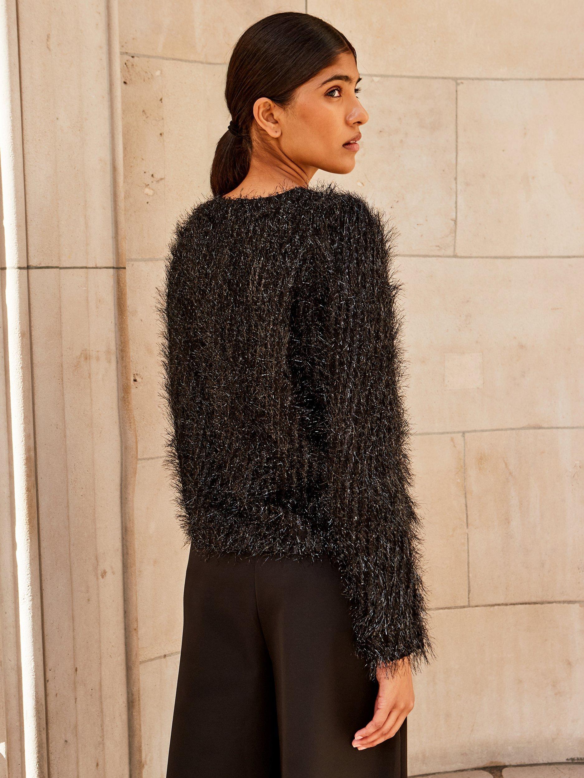 Product image 3 of 3, which shows Ro&Zo Tinsel Long Sleeve Shell Top, Black, 6R