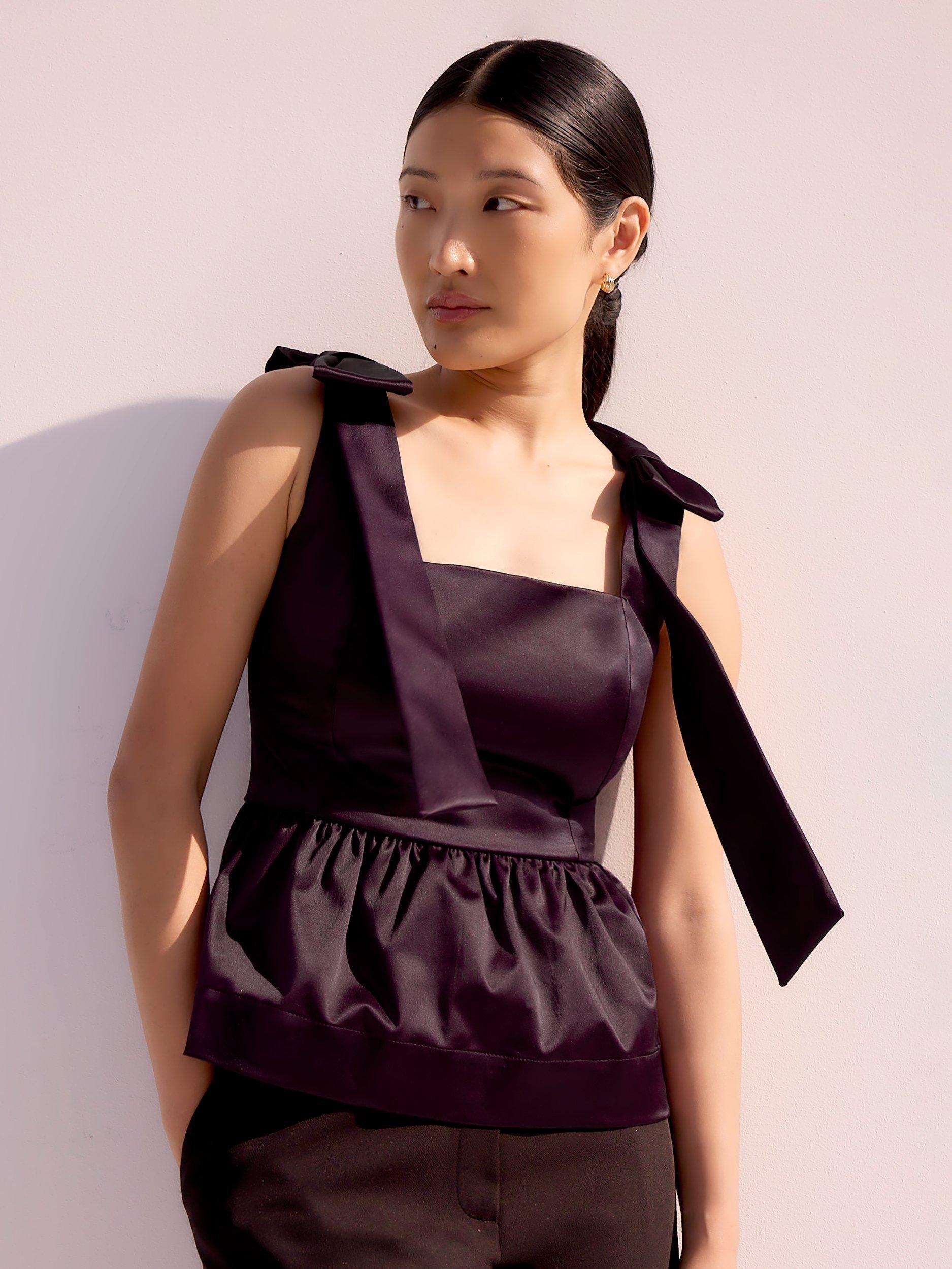 Product image 1 of 3, which shows Ro&Zo Tie Shoulder Satin Top, Red, 8R