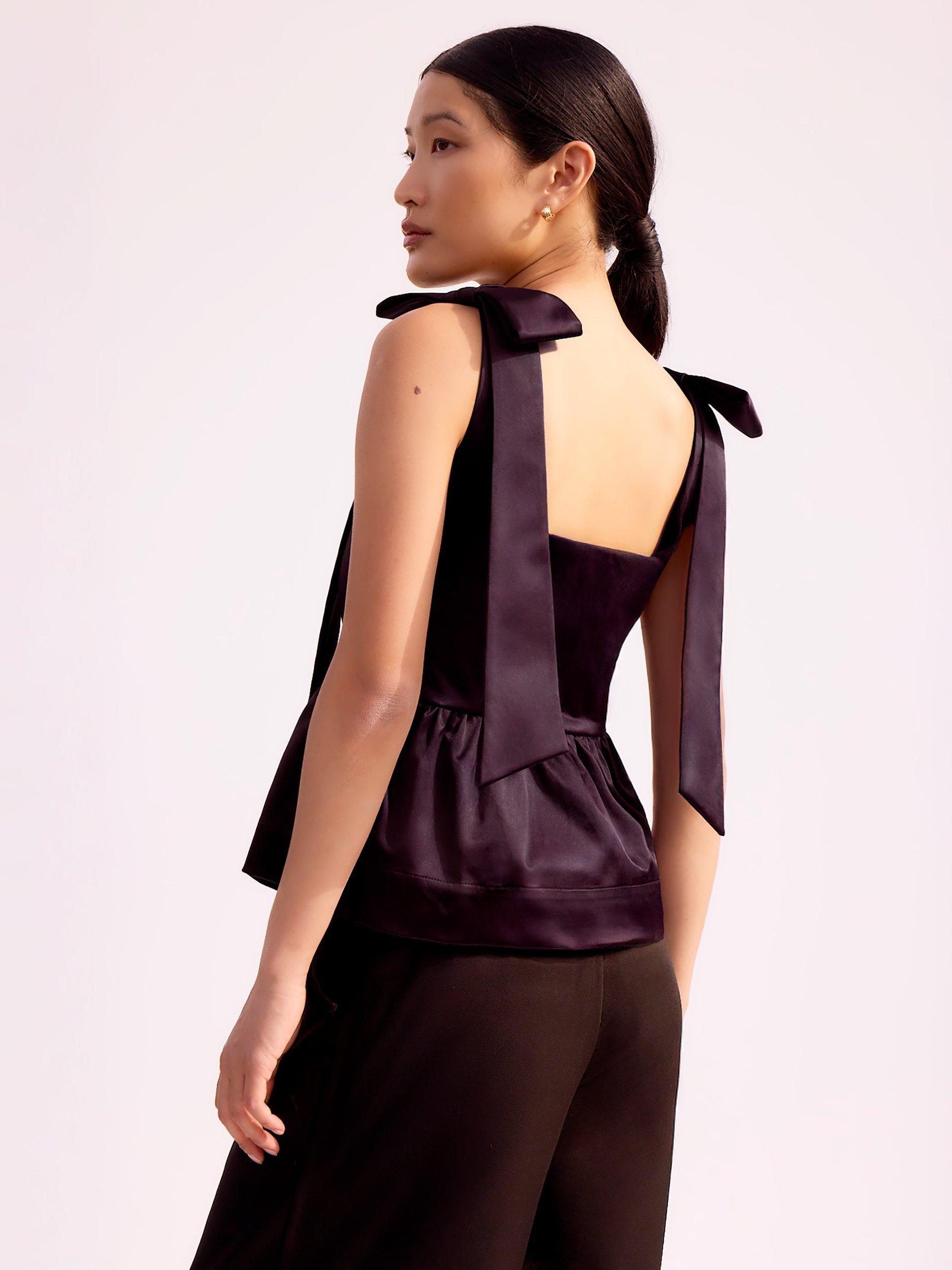 Product image 3 of 3, which shows Ro&Zo Tie Shoulder Satin Top, Red, 8R