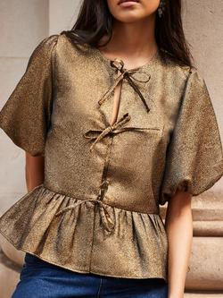 Ro&Zo Tie Front Puff Sleeve Top, Gold - view 2, Gold