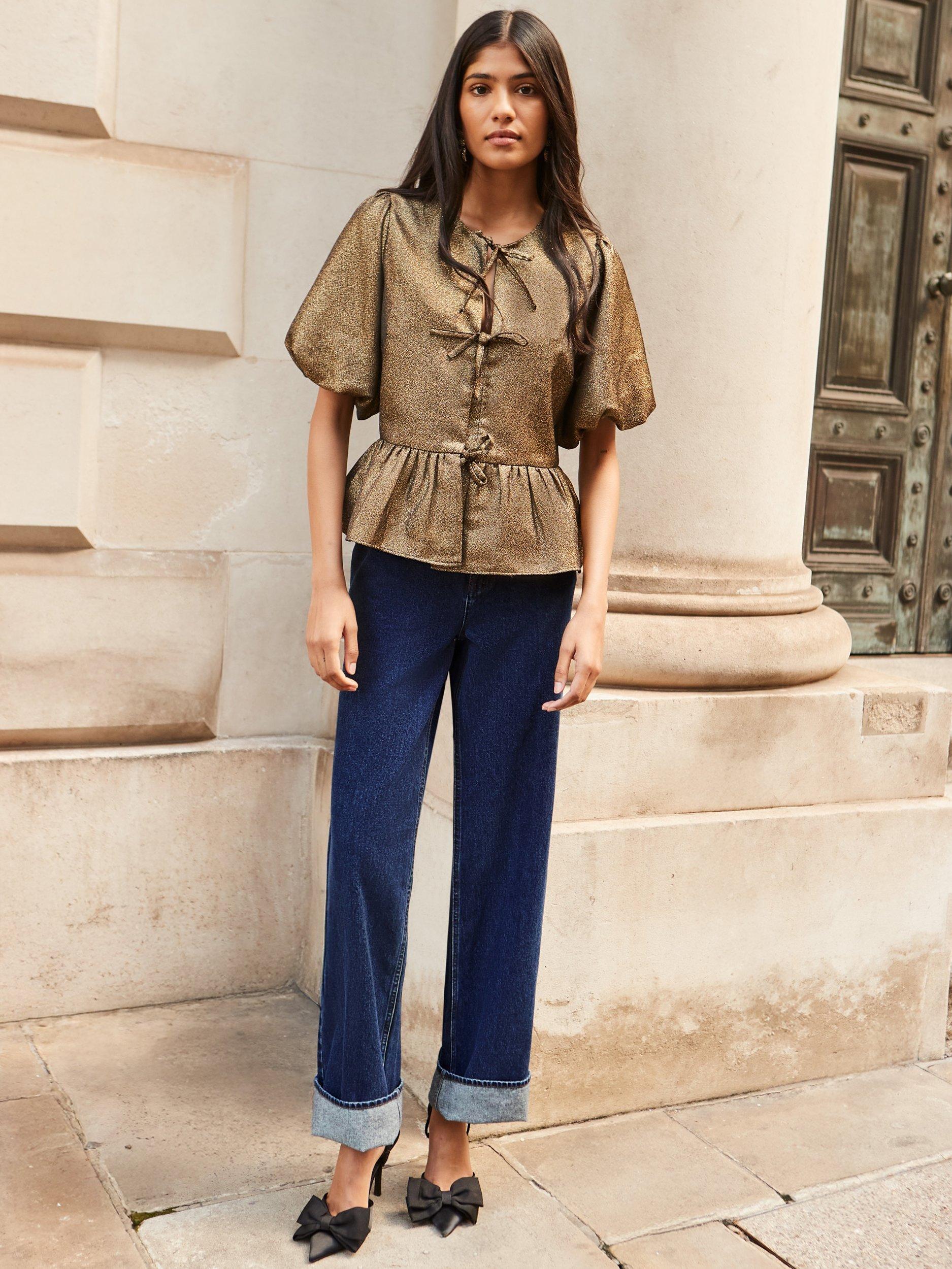 Product image 3 of 4, which shows Ro&Zo Tie Front Puff Sleeve Top, Gold, 10R