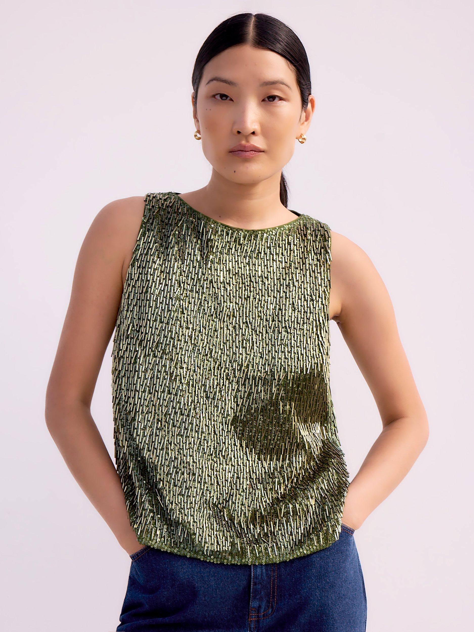 Product image 1 of 3, which shows Ro&Zo Sleeveless Drop Beaded Sequin Top, Green, 14R
