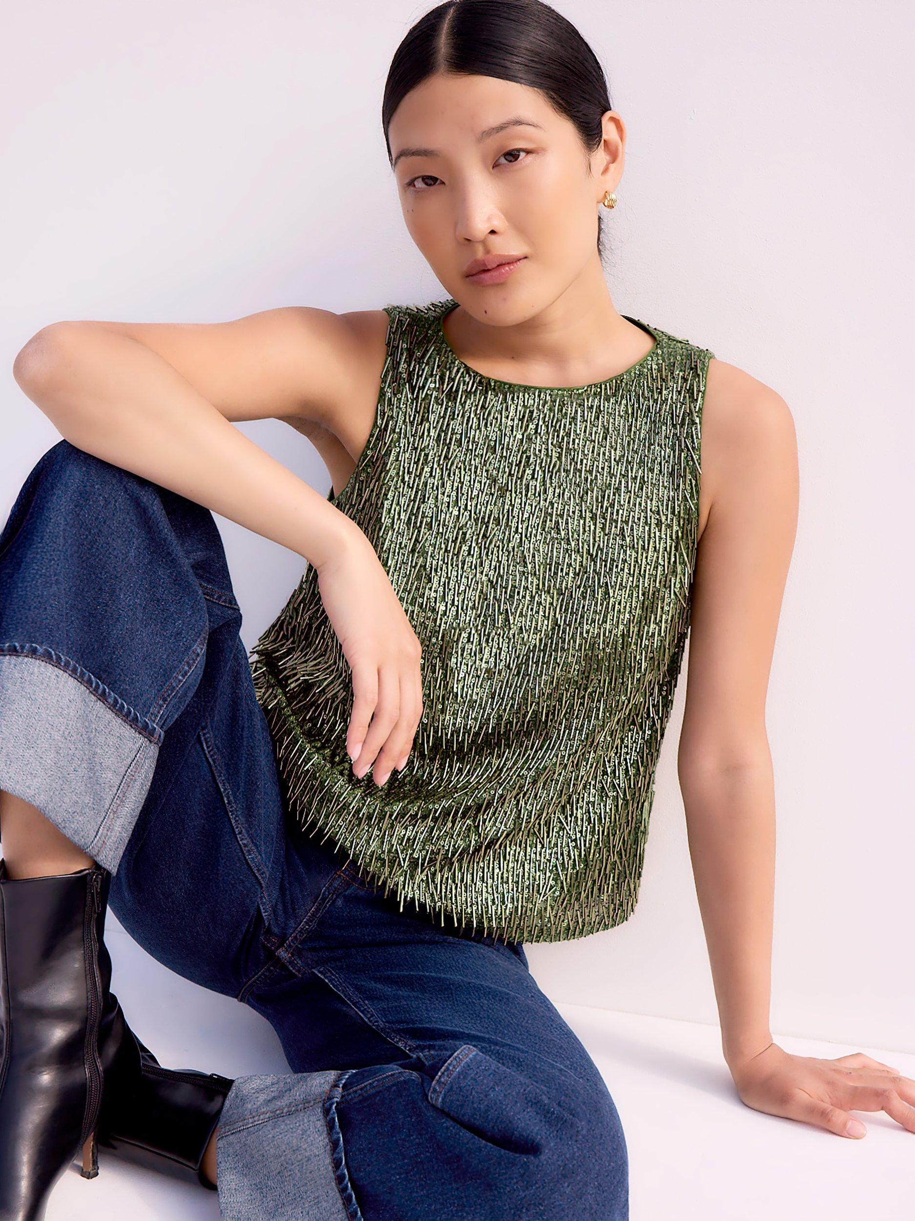 Product image 2 of 3, which shows Ro&Zo Sleeveless Drop Beaded Sequin Top, Green, 14R