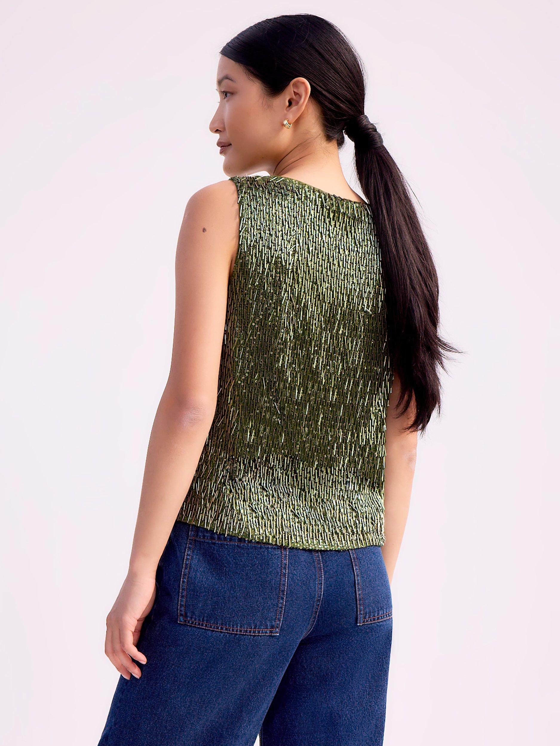 Product image 3 of 3, which shows Ro&Zo Sleeveless Drop Beaded Sequin Top, Green, 14R