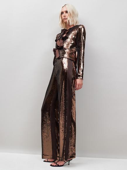 Ro&Zo Sequin Satin Contrast Trousers, Bronze, Bronze