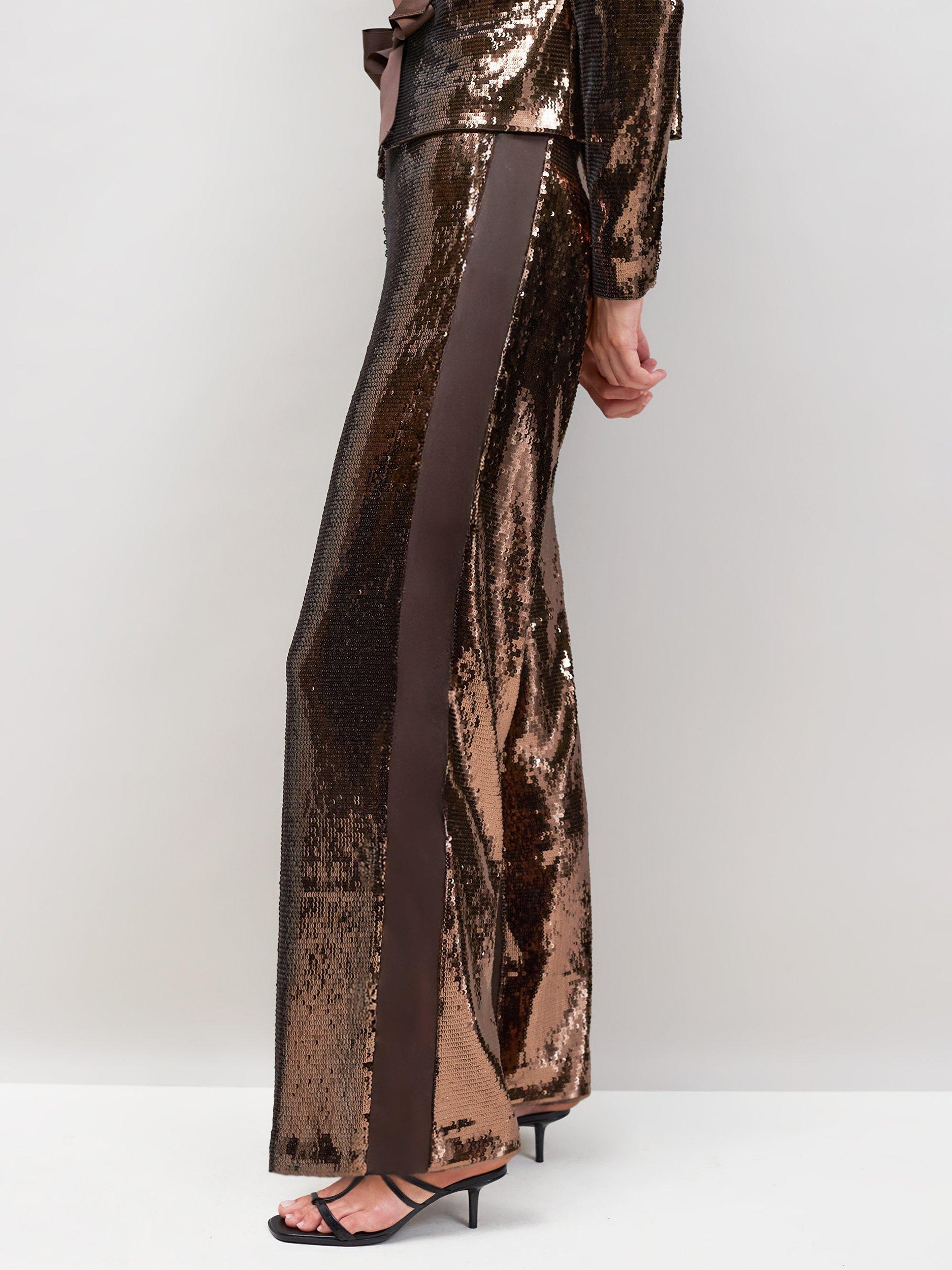 Product image 2 of 4, which shows Ro&Zo Petite Sequin Satin Contrast Trousers, Bronze, 6Pt