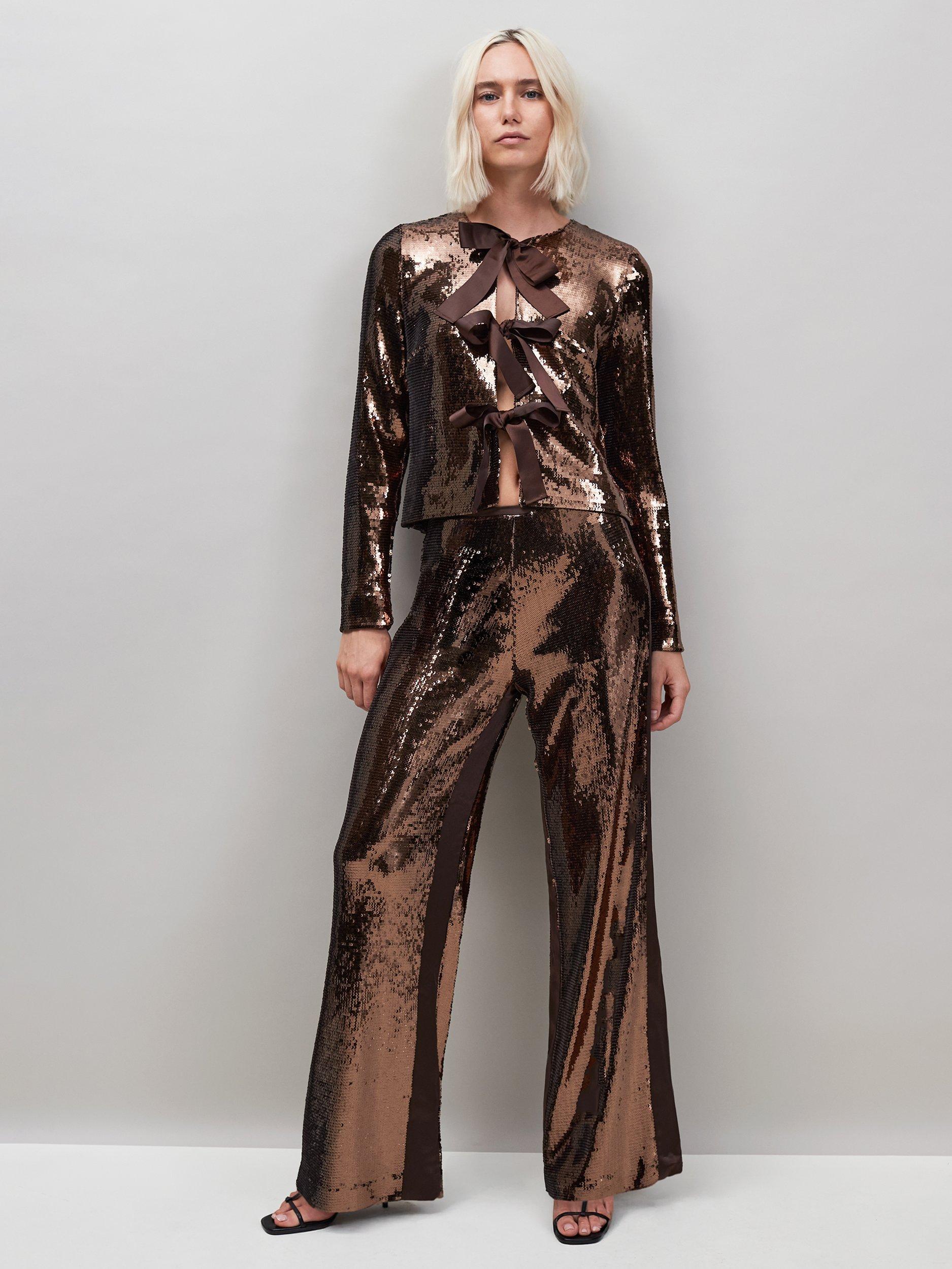 Product image 3 of 4, which shows Ro&Zo Petite Sequin Satin Contrast Trousers, Bronze, 6Pt