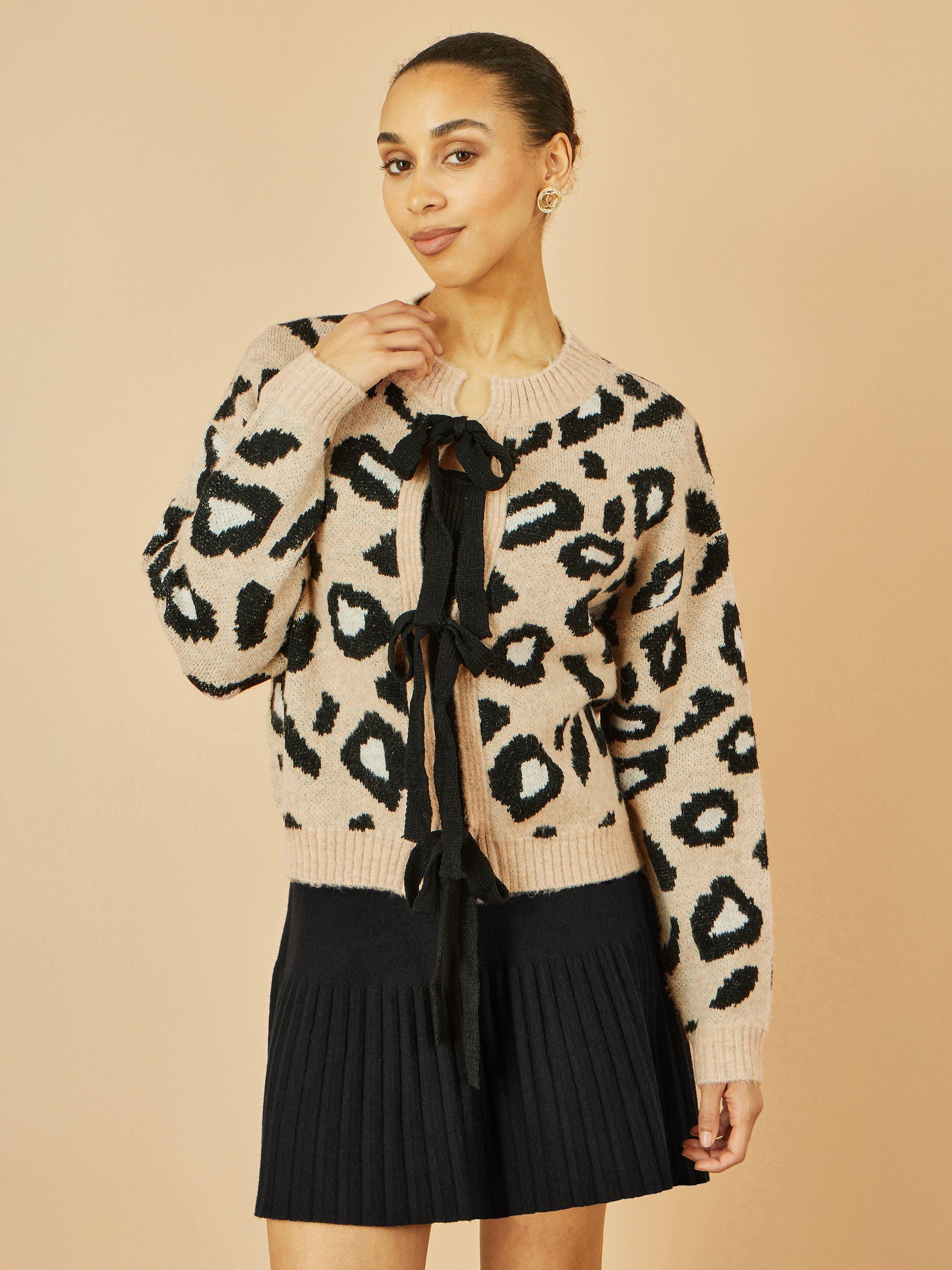 Product image 1 of 4, which shows Yumi Animal Print Tie Cardigan, Beige, S