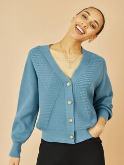 Yumi Relaxed Fit V-Neck Stitch Detail Cardigan, Blue