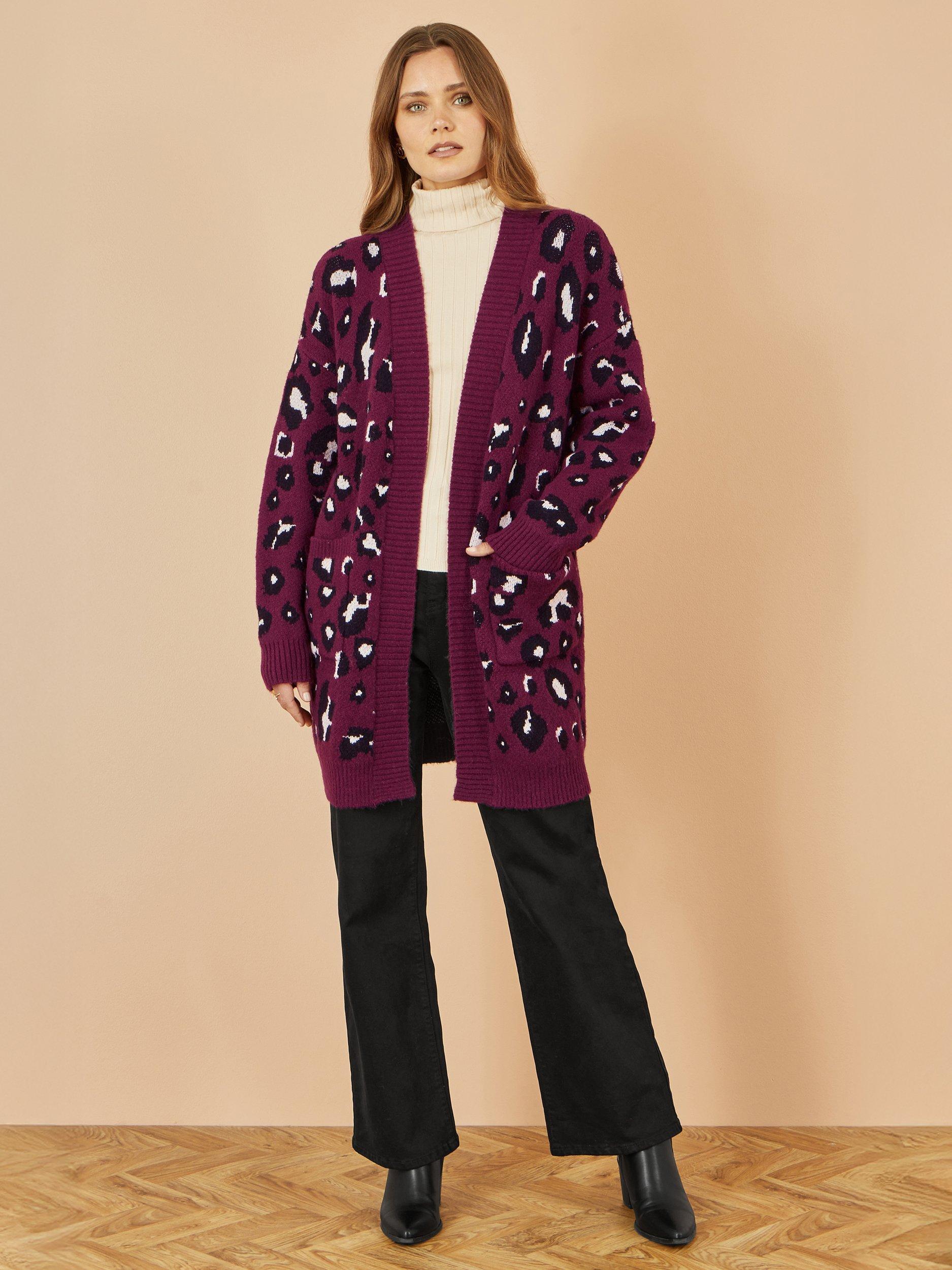Product image 1 of 4, which shows Yumi Leopard Print Longline Cardigan, Burgundy, S-M