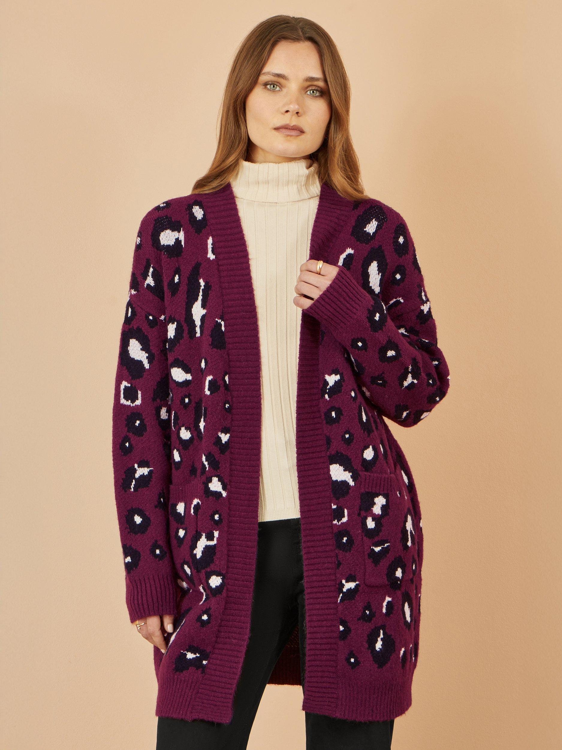 Product image 2 of 4, which shows Yumi Leopard Print Longline Cardigan, Burgundy, S-M