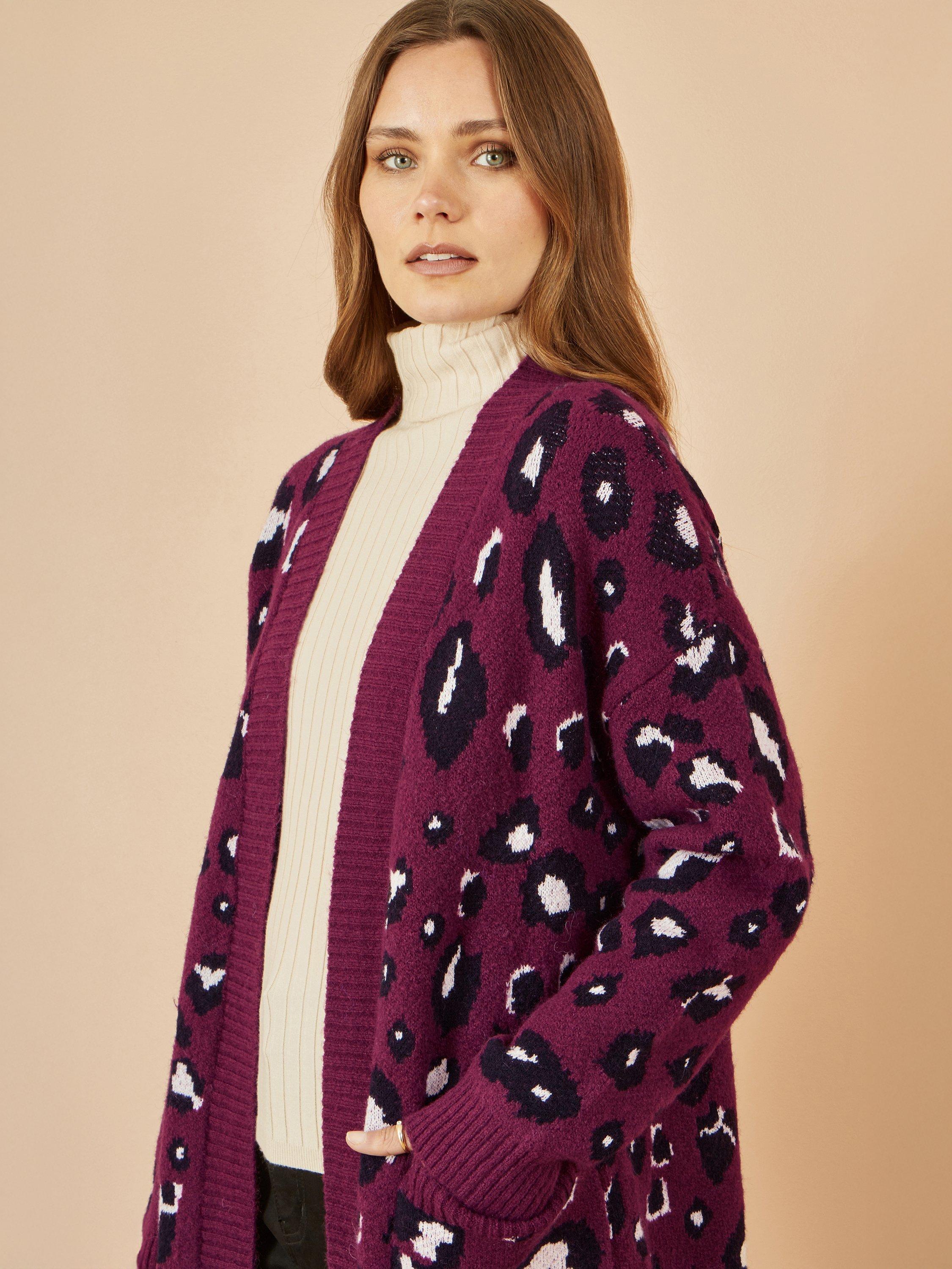 Product image 3 of 4, which shows Yumi Leopard Print Longline Cardigan, Burgundy, S-M