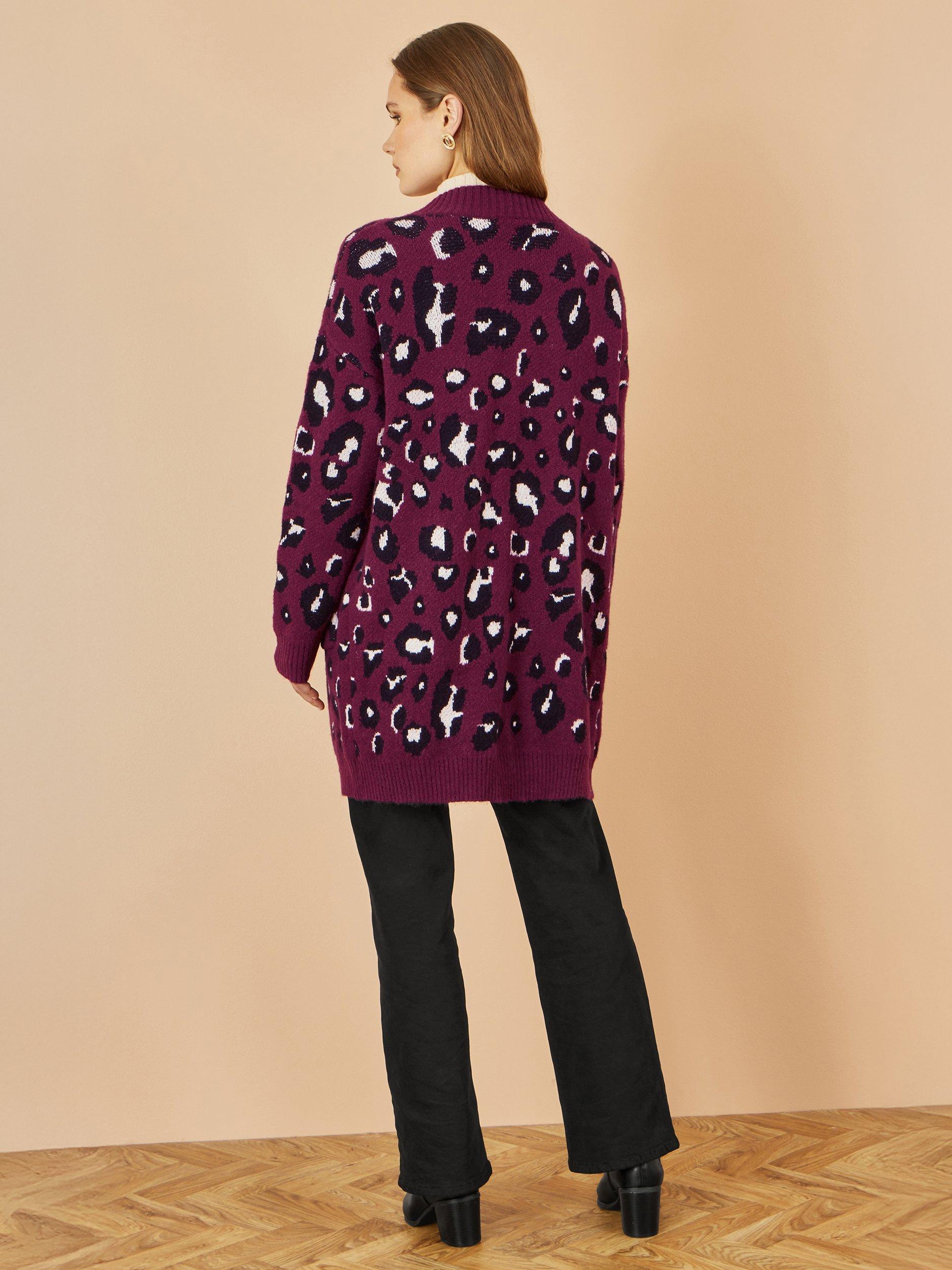 Product image 4 of 4, which shows Yumi Leopard Print Longline Cardigan, Burgundy, S-M