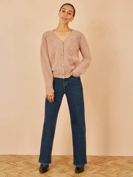 Yumi Floral Embroidered Cardigan, Brown - view 2, Brown