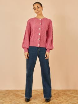 Yumi Relaxed Fit Cable Knit Cardigan, Rose Pink - view 2, Rose Pink