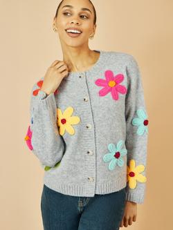 Yumi Flower Appliqué Knitted Cardigan, Grey, Grey