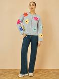 Yumi Flower Appliqué Knitted Cardigan, Grey