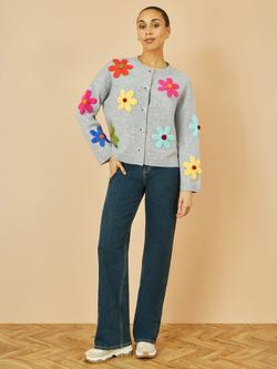 Yumi Flower Appliqué Knitted Cardigan, Grey - view 2, Grey