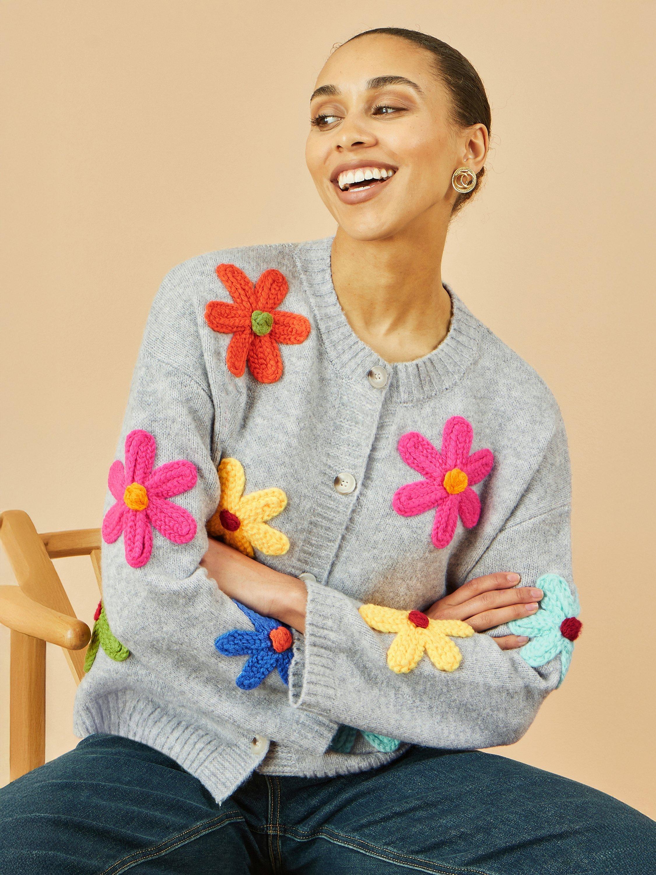 Product image 4 of 5, which shows Yumi Flower Appliqué Knitted Cardigan, Grey, S