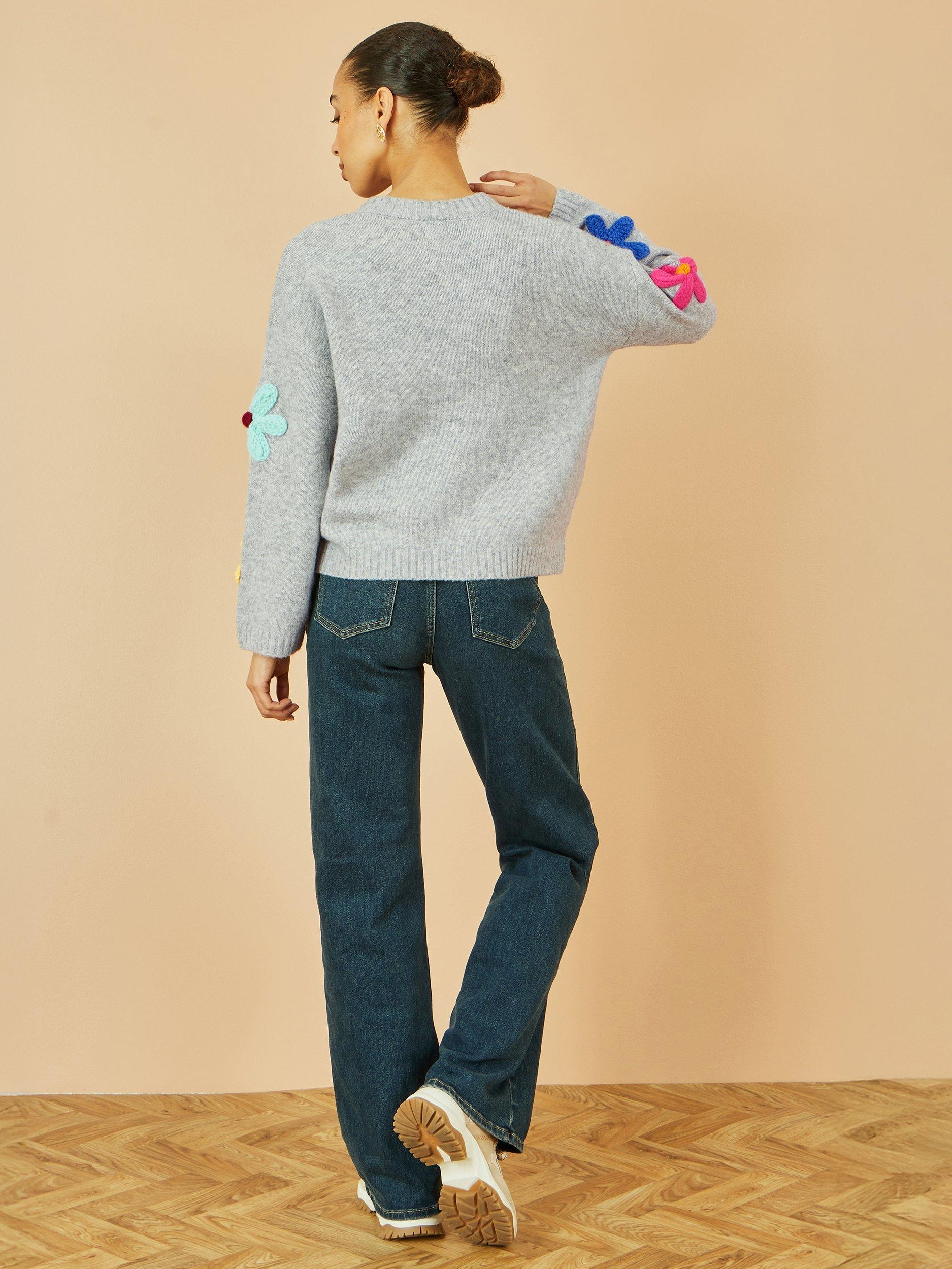 Product image 5 of 5, which shows Yumi Flower Appliqué Knitted Cardigan, Grey, S