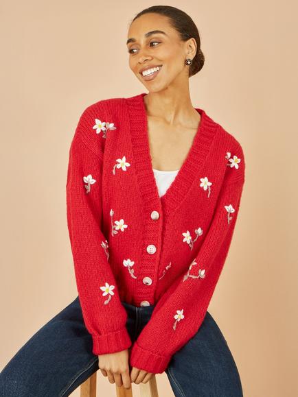 Yumi Embroidered Flowers Chunky Knit Cardigan, Red, Red