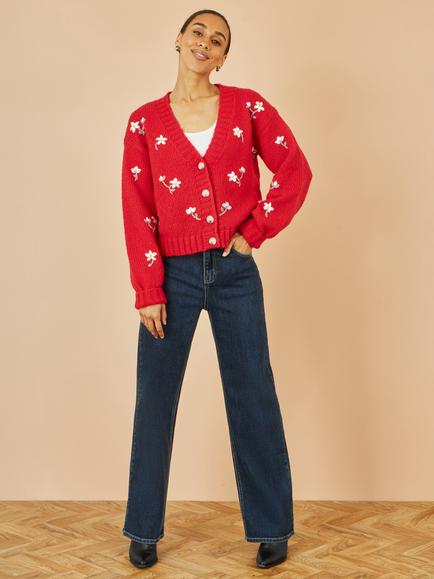 Yumi Embroidered Flowers Chunky Knit Cardigan, Red - view 2, Red