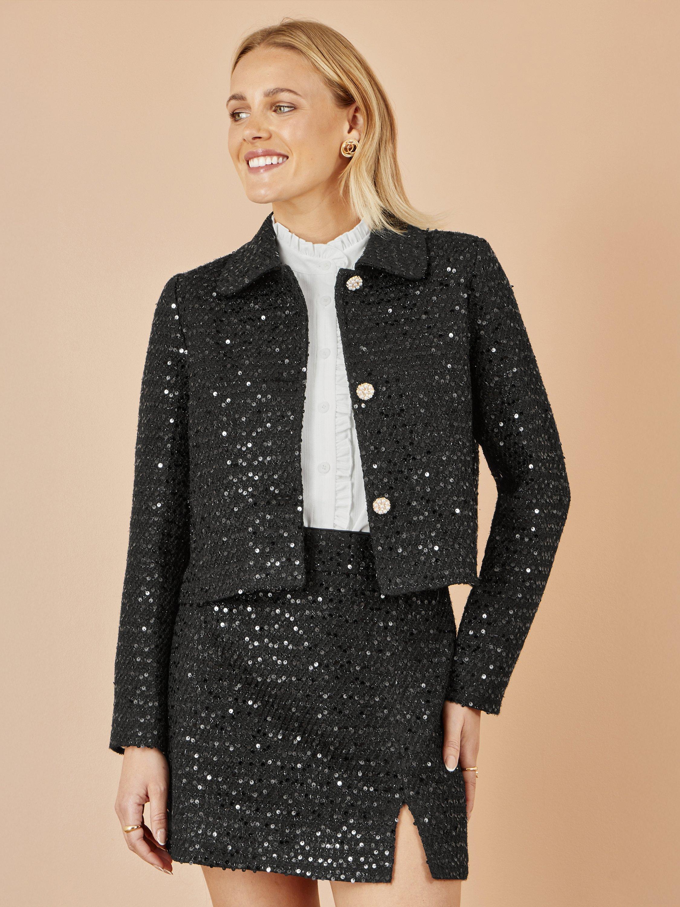 Product image 1 of 5, which shows Yumi Boucle Sequin Jacket, Black, 8