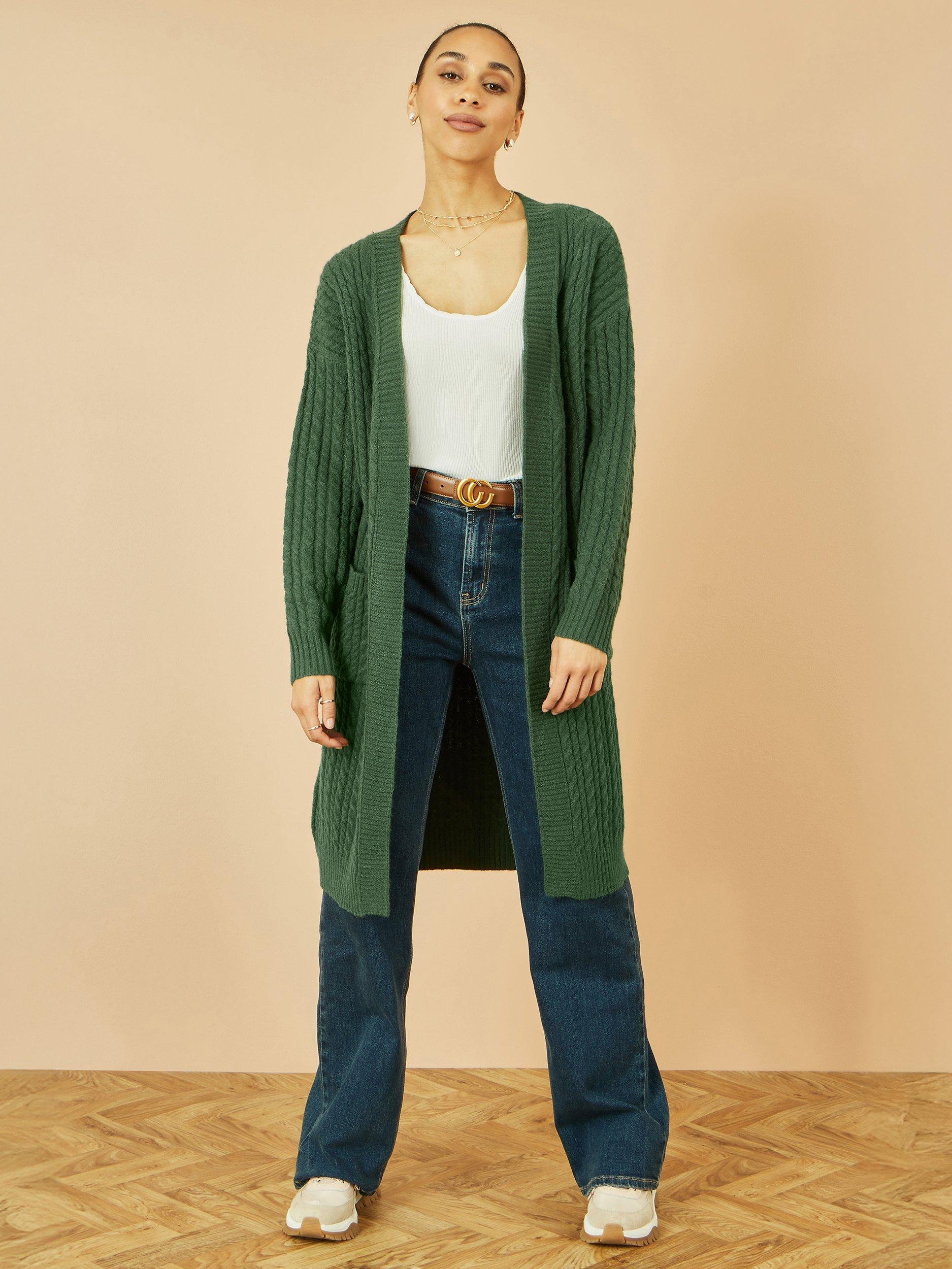 Product image 1 of 11, which shows Yumi Cable Knit Longline Cardigan, Green, S-M