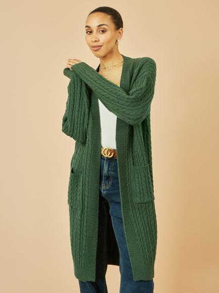 Yumi Cable Knit Longline Cardigan - view 2, Green