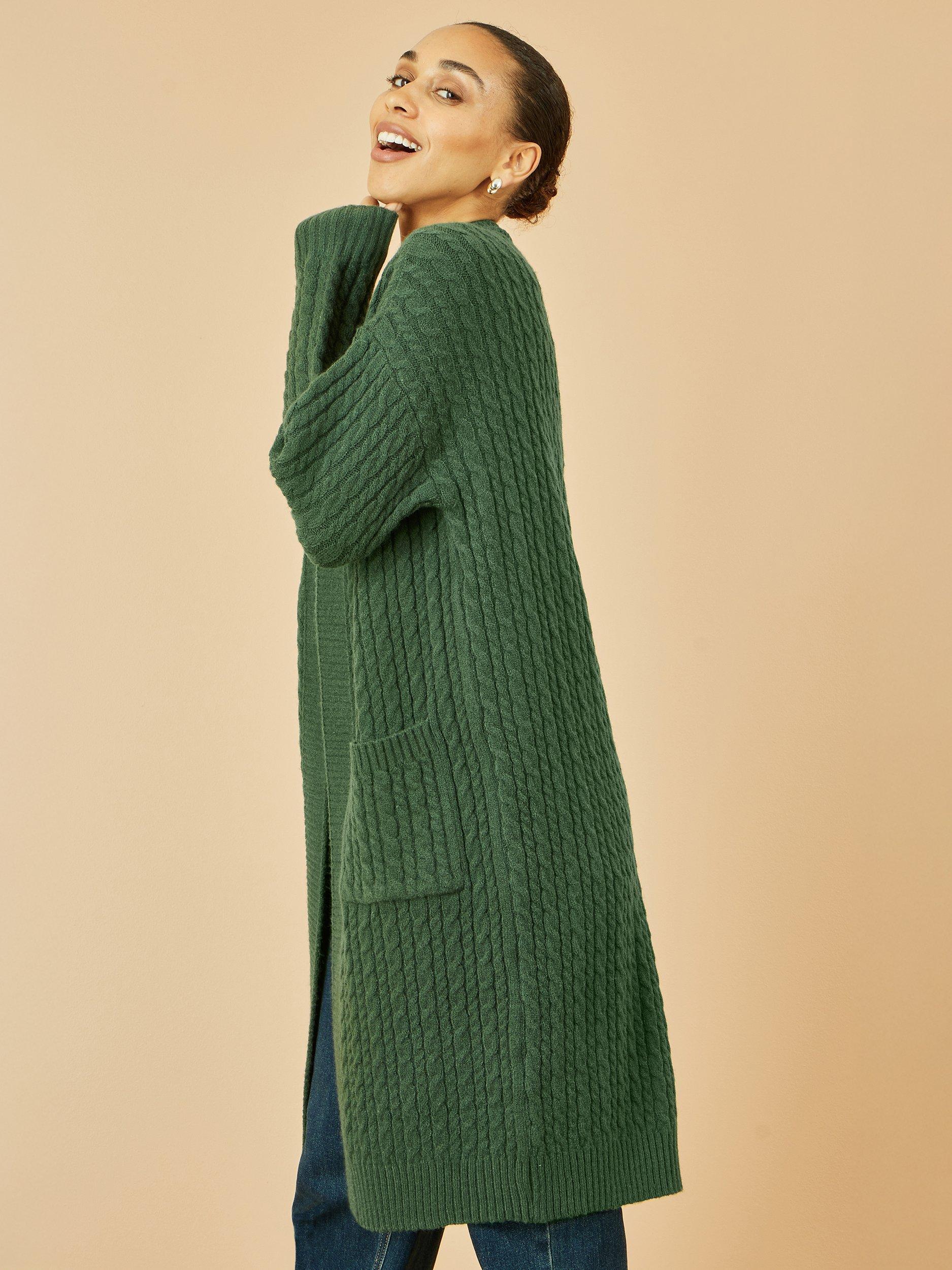 Product image 3 of 11, which shows Yumi Cable Knit Longline Cardigan, Green, S-M