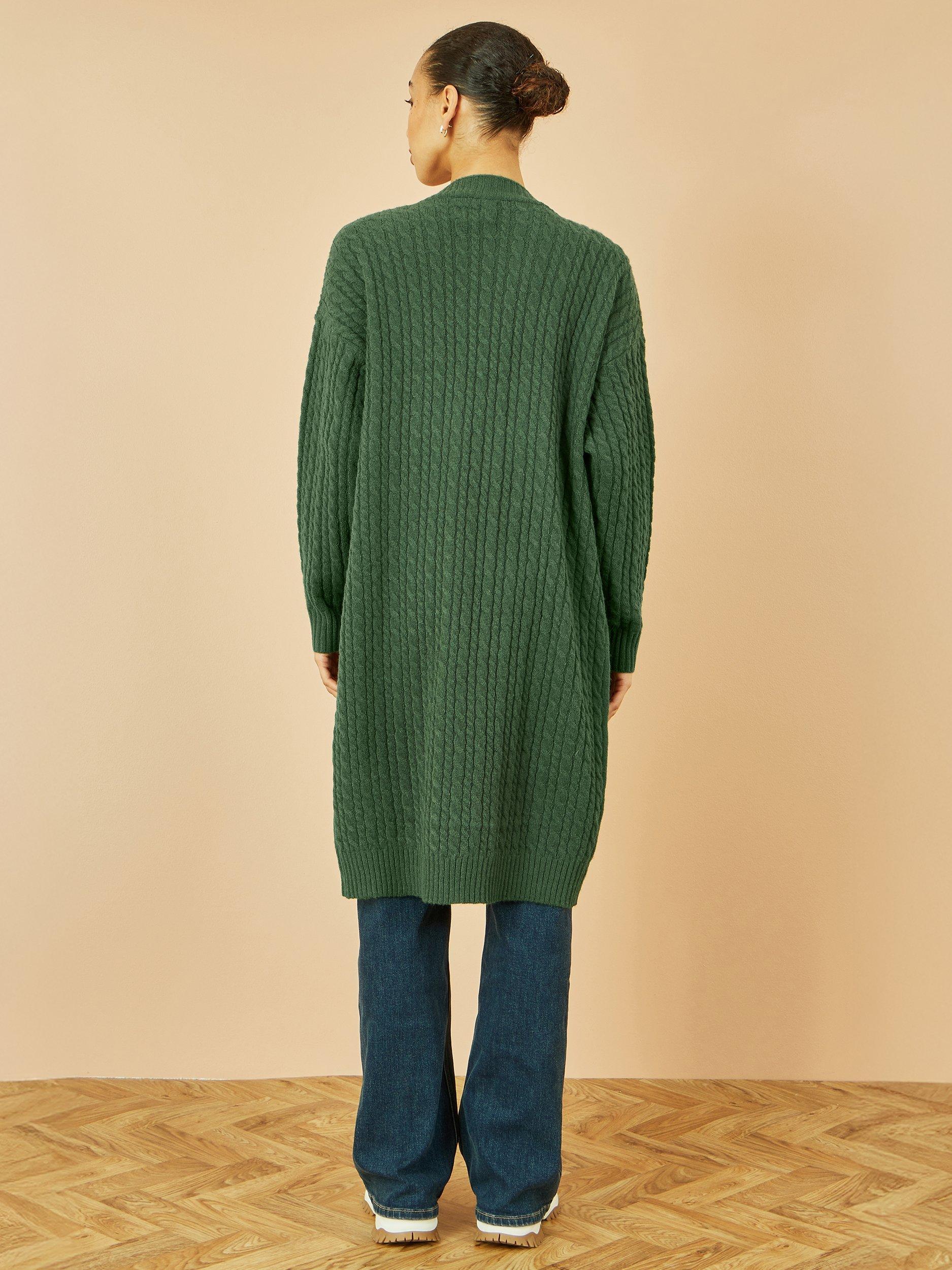 Product image 4 of 11, which shows Yumi Cable Knit Longline Cardigan, Green, S-M