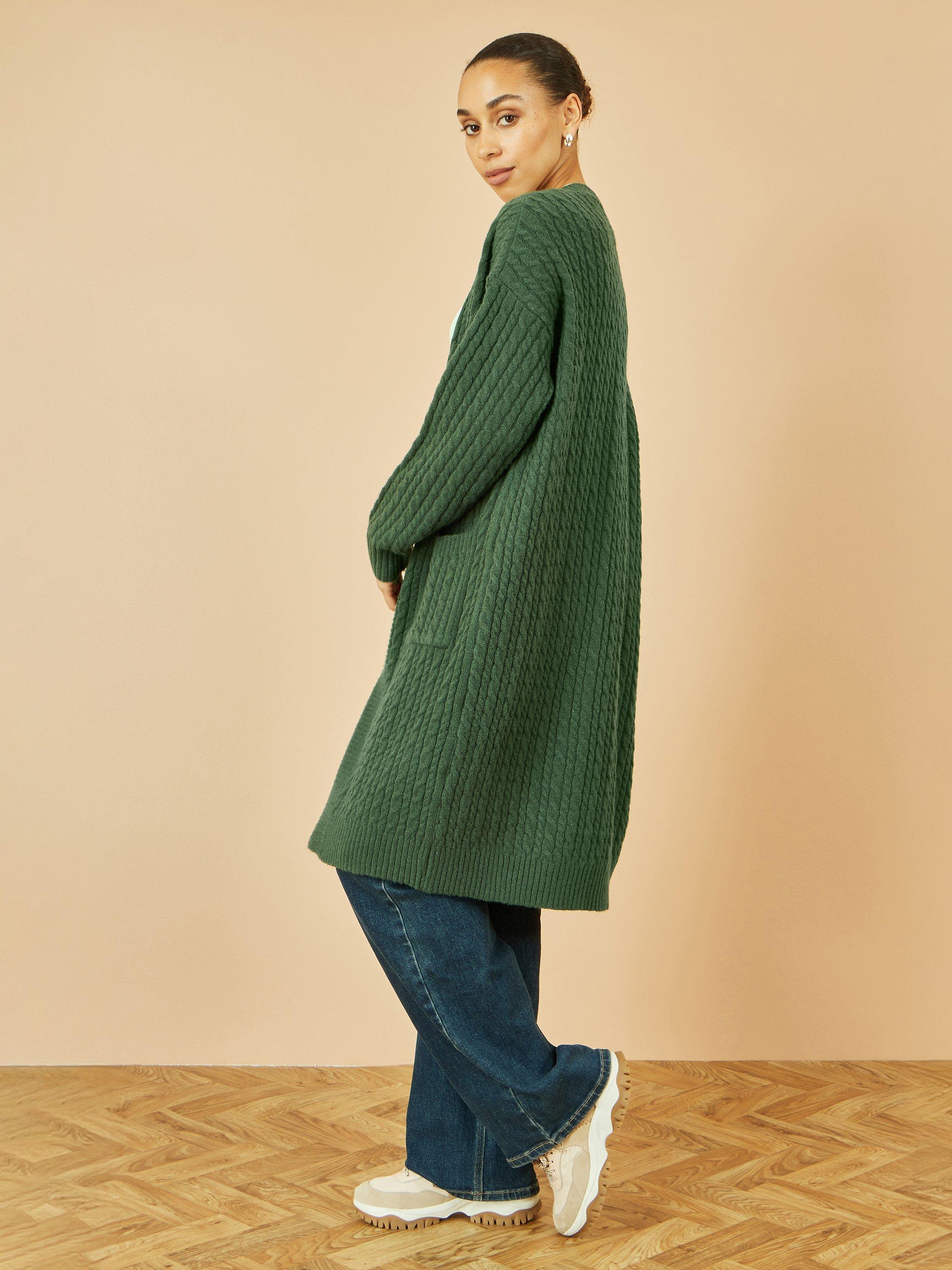 Product image 5 of 11, which shows Yumi Cable Knit Longline Cardigan, Green, S-M