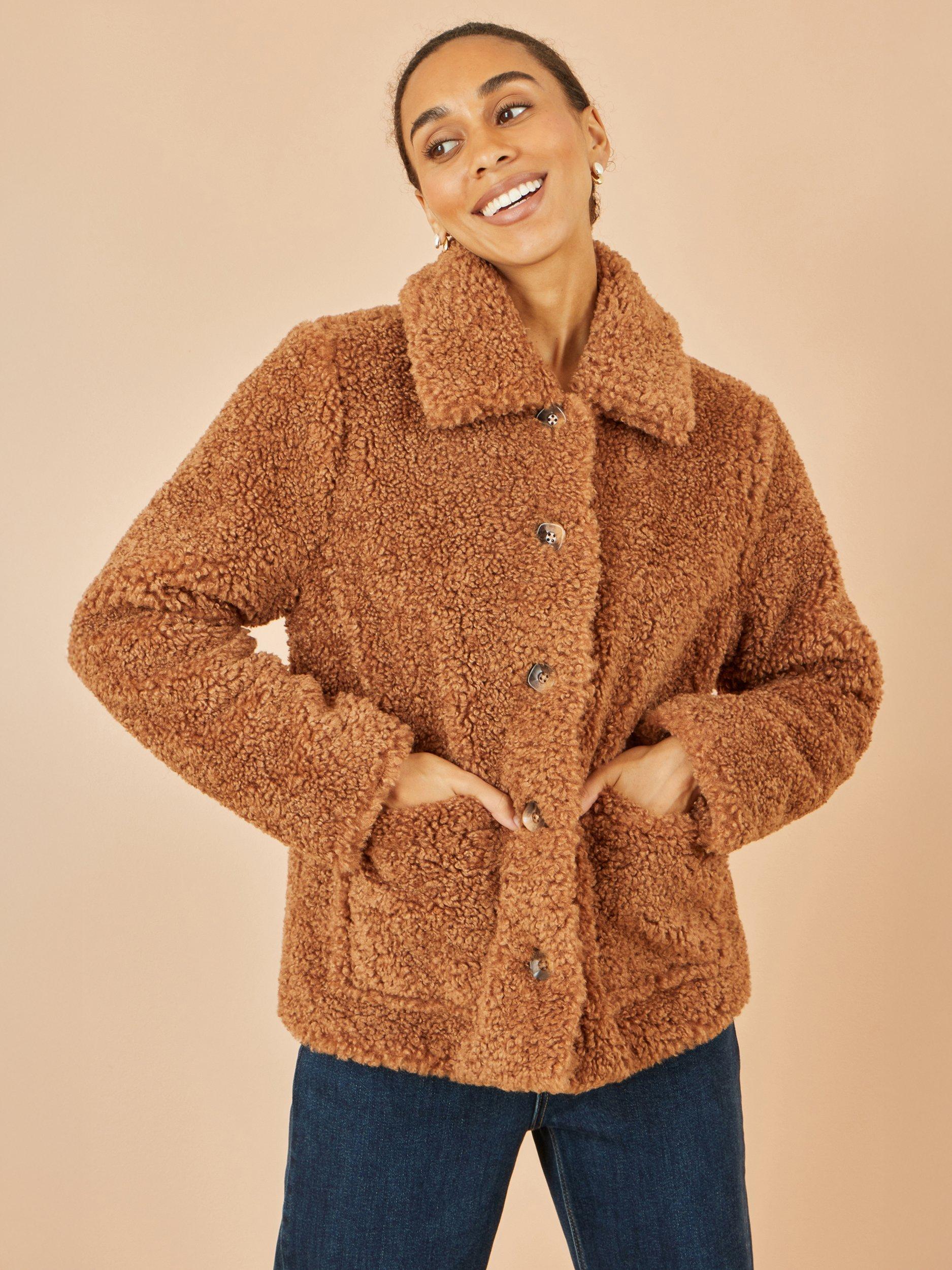 Product image 1 of 5, which shows Yumi Pocket Detail Teddy Jacket, Brown, 8
