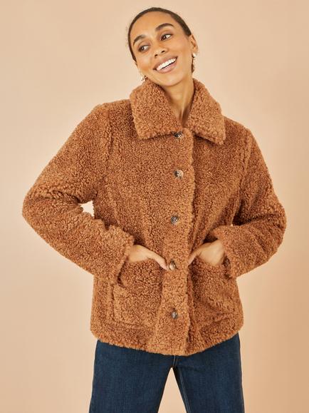 Yumi Pocket Detail Teddy Jacket, Brown