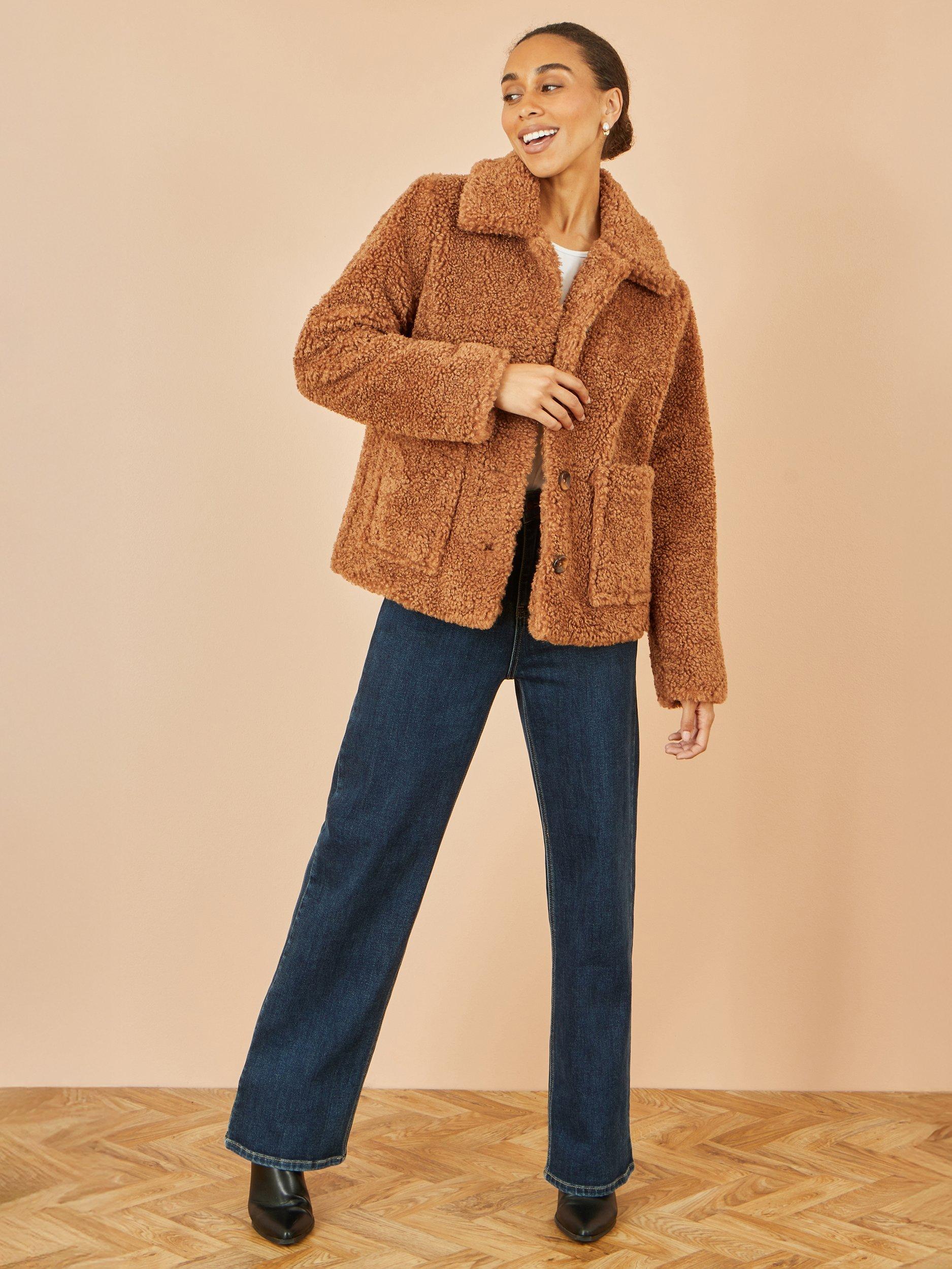 Product image 2 of 5, which shows Yumi Pocket Detail Teddy Jacket, Brown, 8