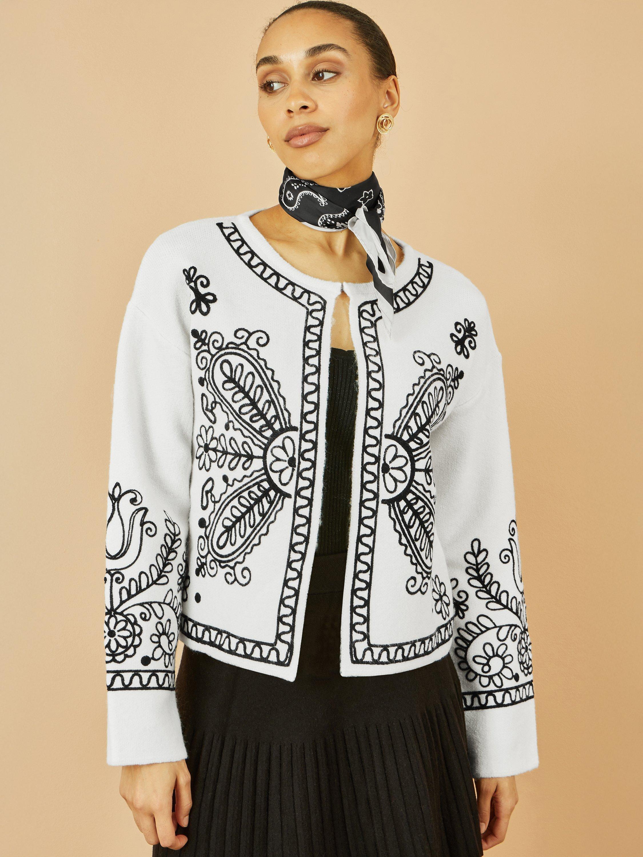 Product image 1 of 4, which shows Yumi Folk Embroidered Edges Chunky Cardigan, Ivory, S-M