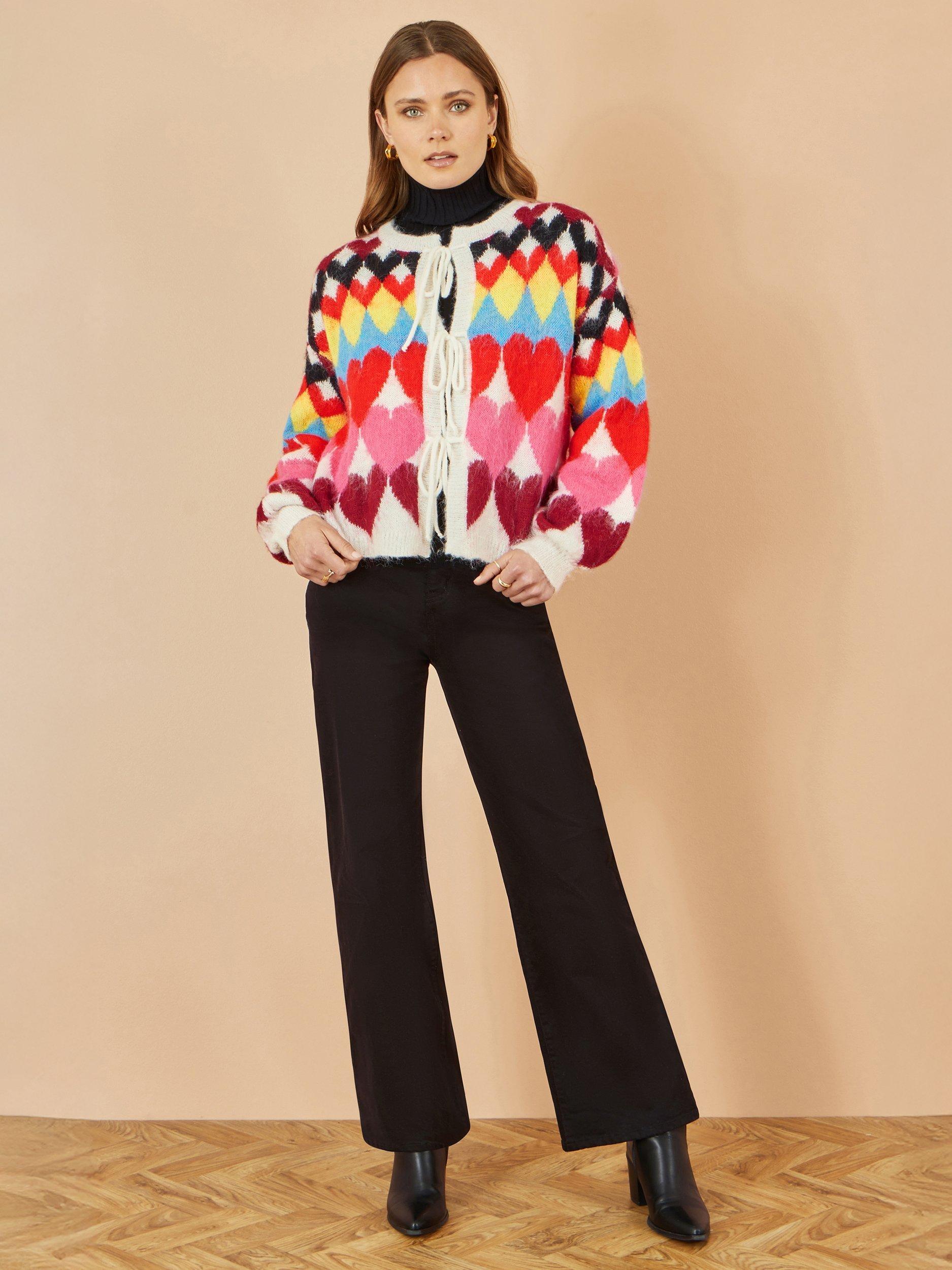 Product image 2 of 5, which shows Yumi Heart Tie Front Cardigan, Multi, S