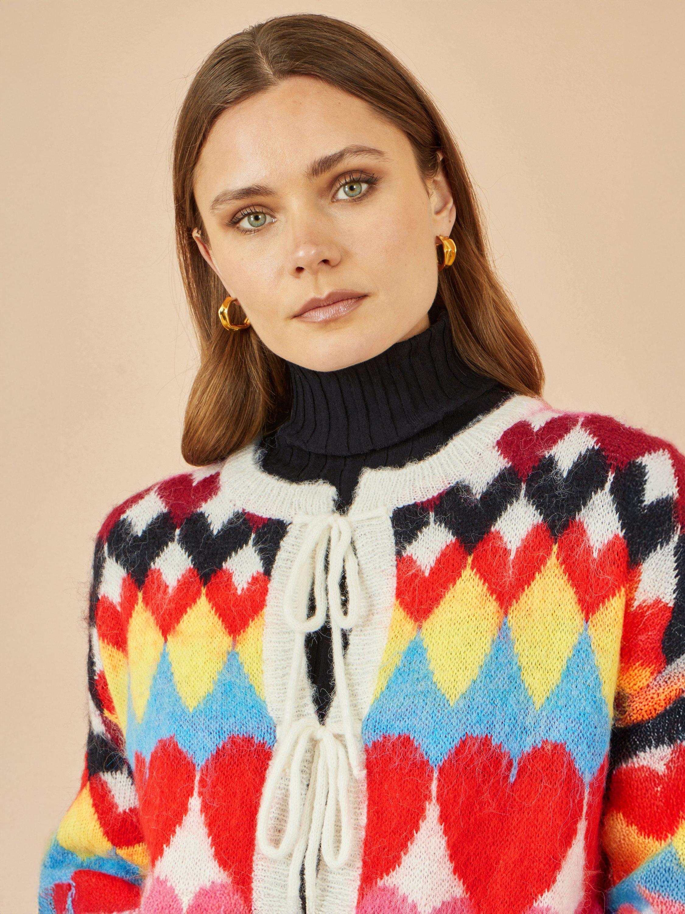 Product image 3 of 5, which shows Yumi Heart Tie Front Cardigan, Multi, S