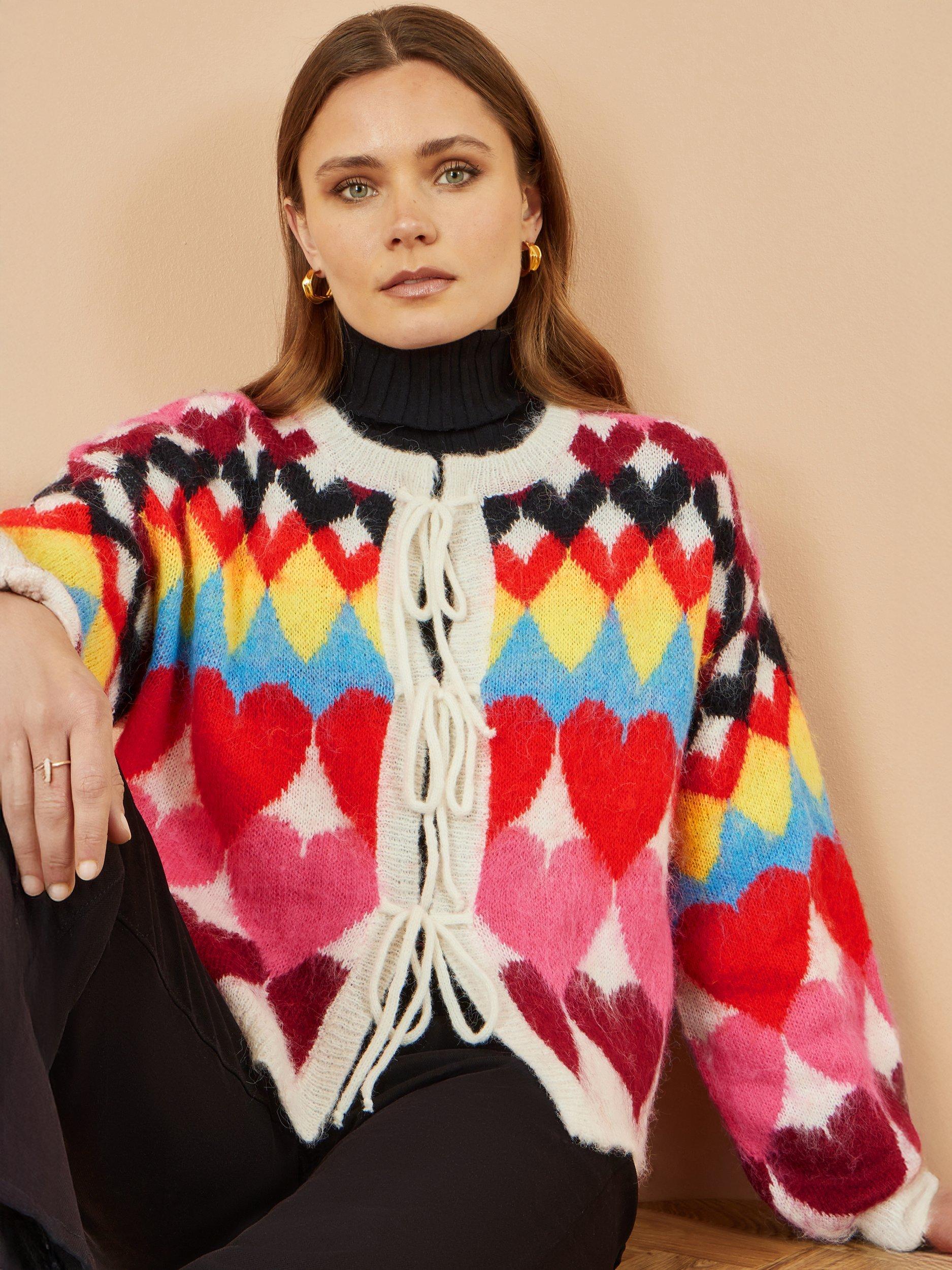 Product image 4 of 5, which shows Yumi Heart Tie Front Cardigan, Multi, S