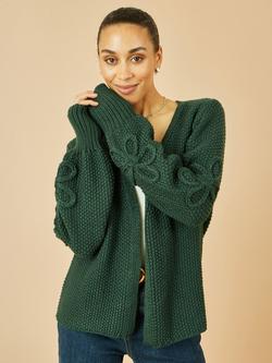 Yumi Chunky Flower Detail Open Neck Cardigan, Green