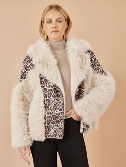 Yumi Leopard Print Faux Fur Biker Jacket, Brown, Brown