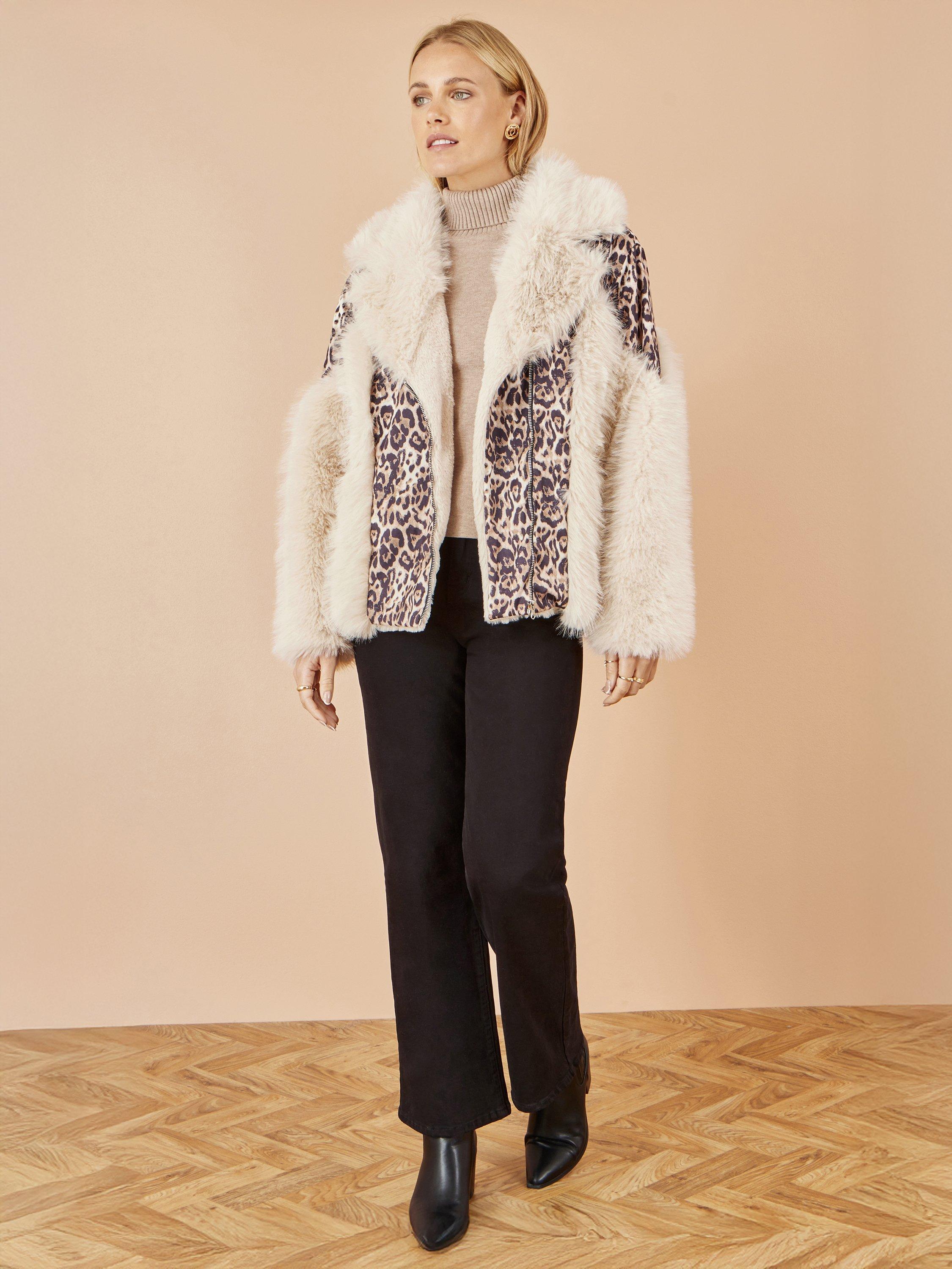 Product image 2 of 5, which shows Yumi Leopard Print Faux Fur Biker Jacket, Brown, 8