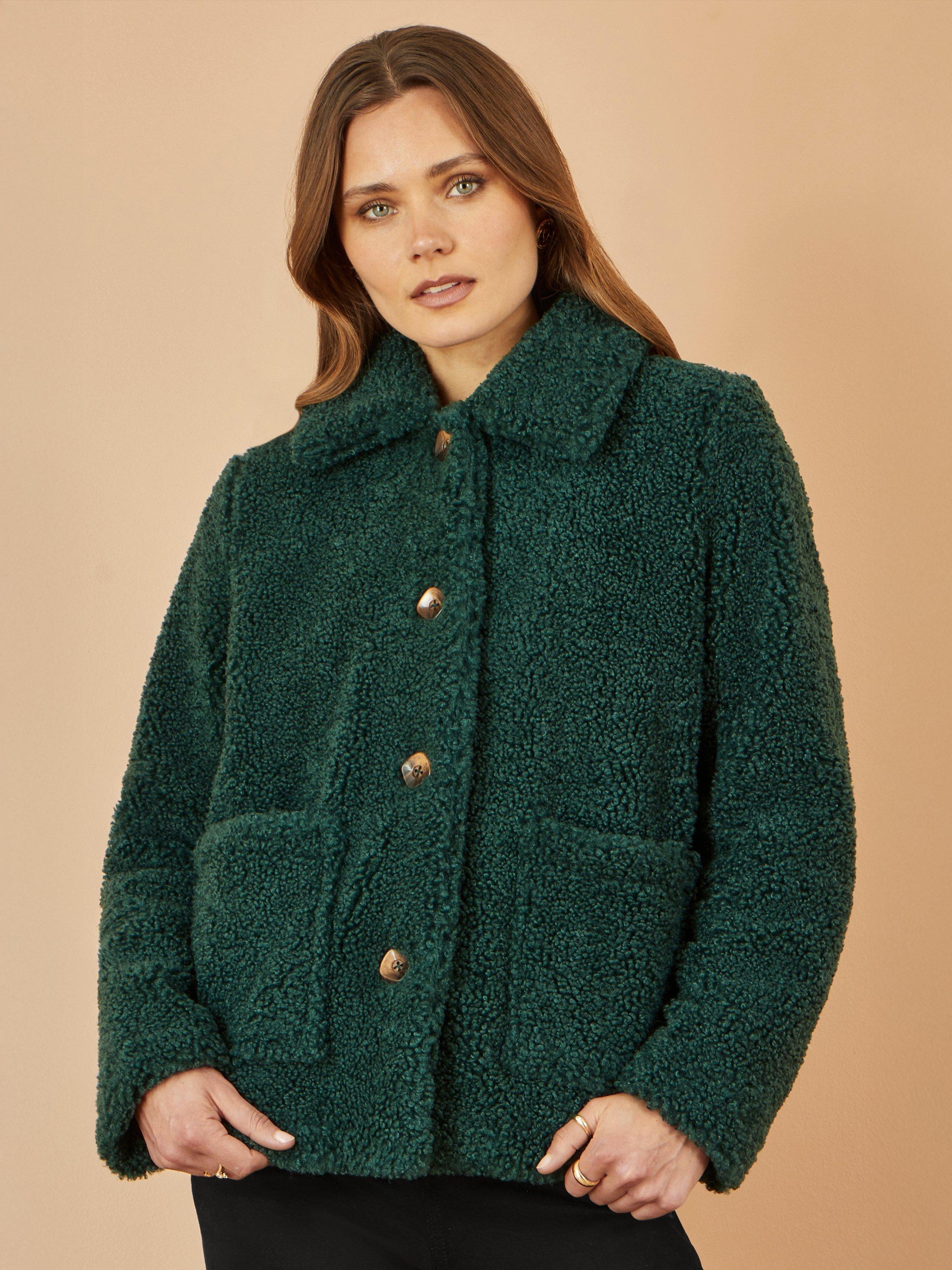 Product image 1 of 5, which shows Yumi Pocket Detail Teddy Jacket, Green, 8