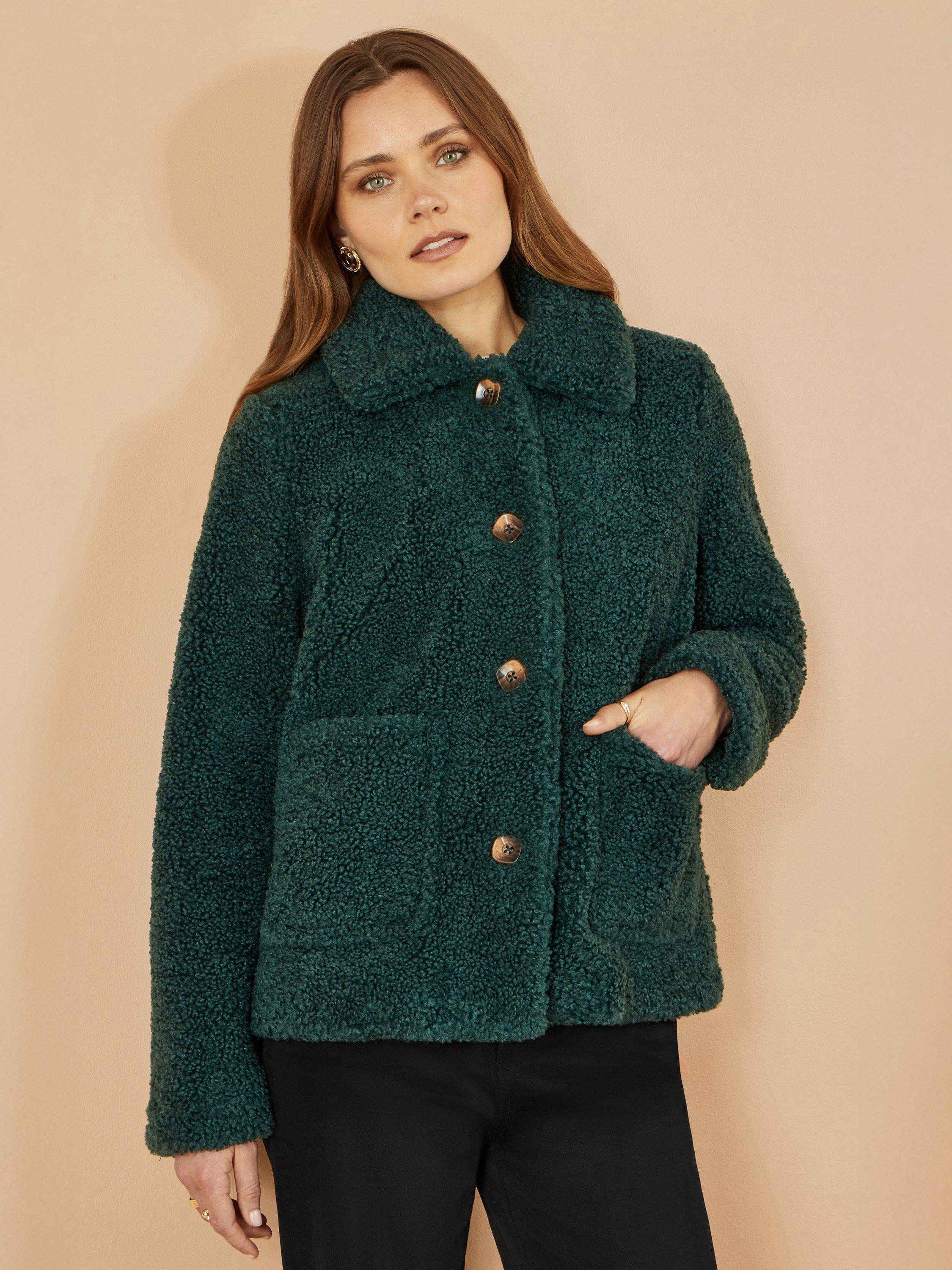 Product image 4 of 5, which shows Yumi Pocket Detail Teddy Jacket, Green, 8
