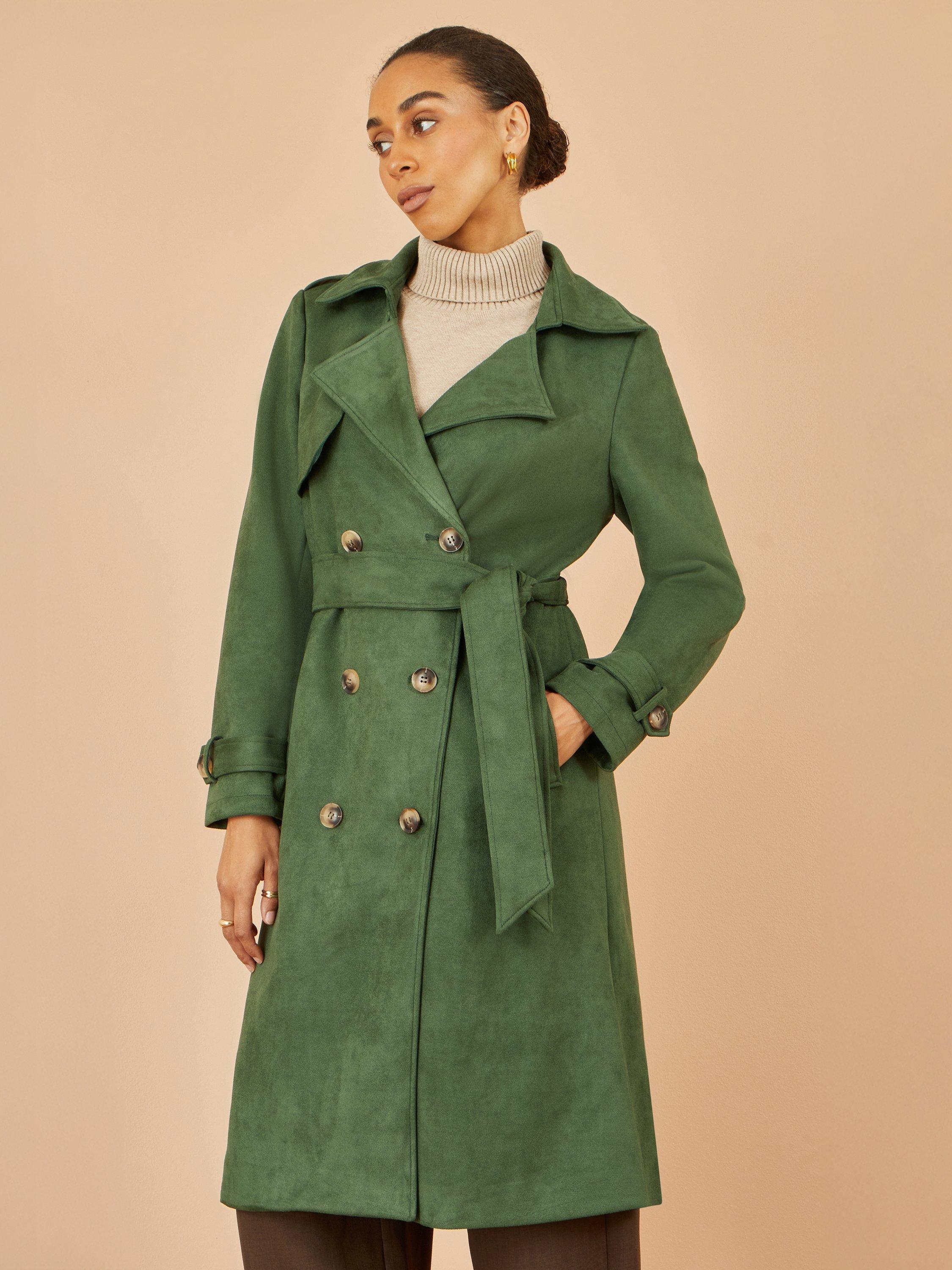 Product image 1 of 7, which shows Yumi Faux Suede Trench Coat, Green, 8