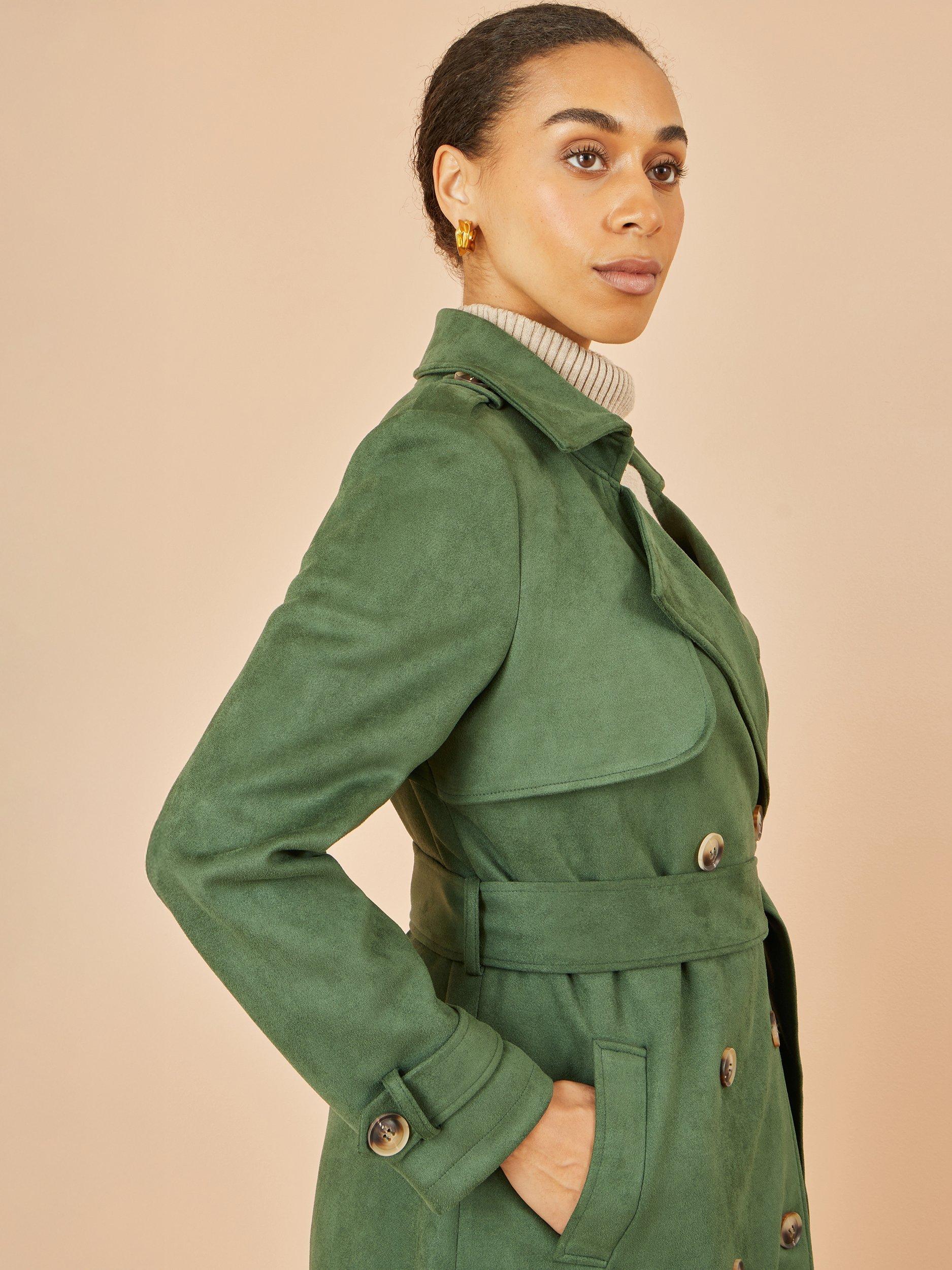 Product image 3 of 7, which shows Yumi Faux Suede Trench Coat, Green, 8