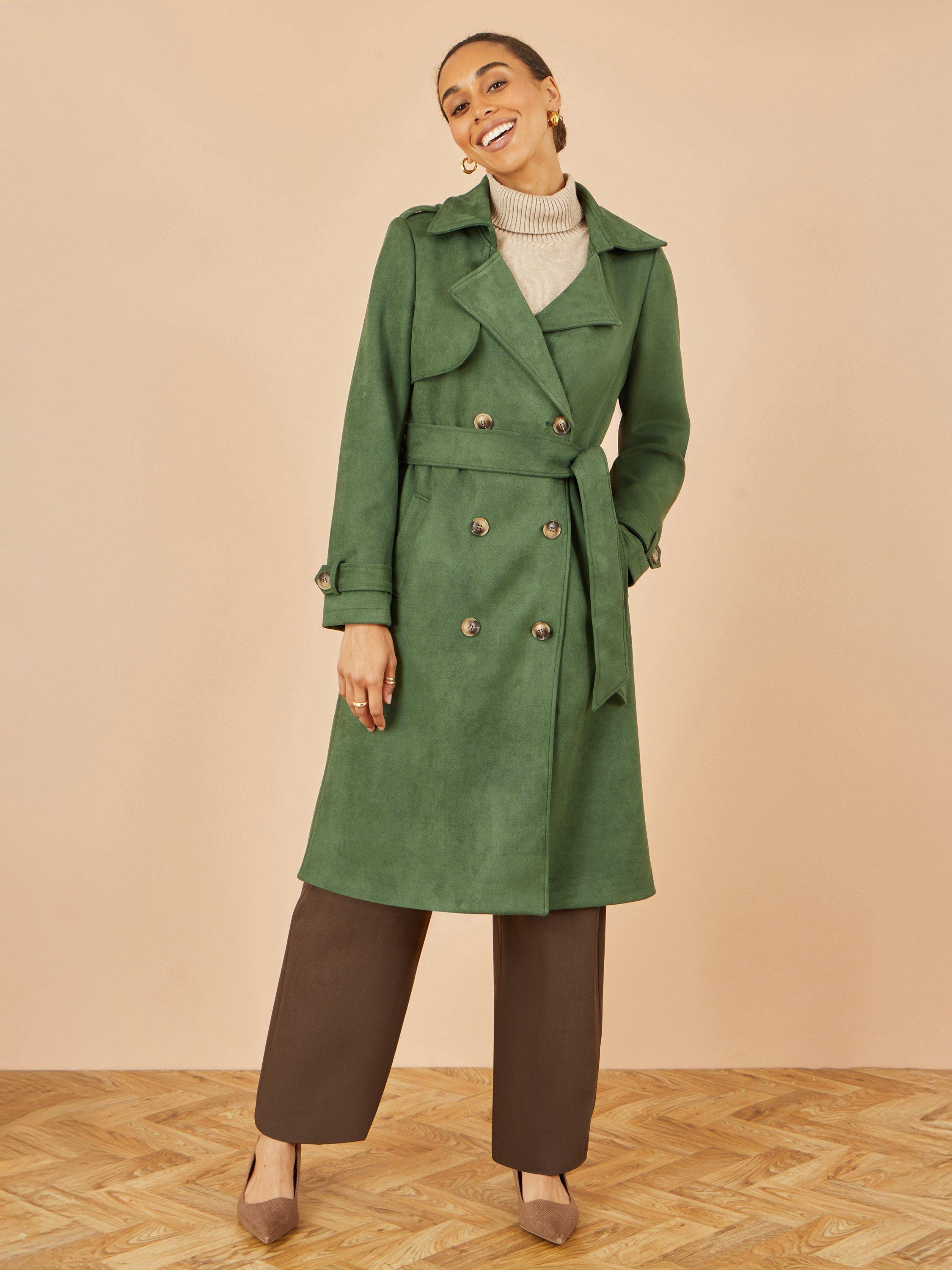 Product image 7 of 7, which shows Yumi Faux Suede Trench Coat, Green, 8