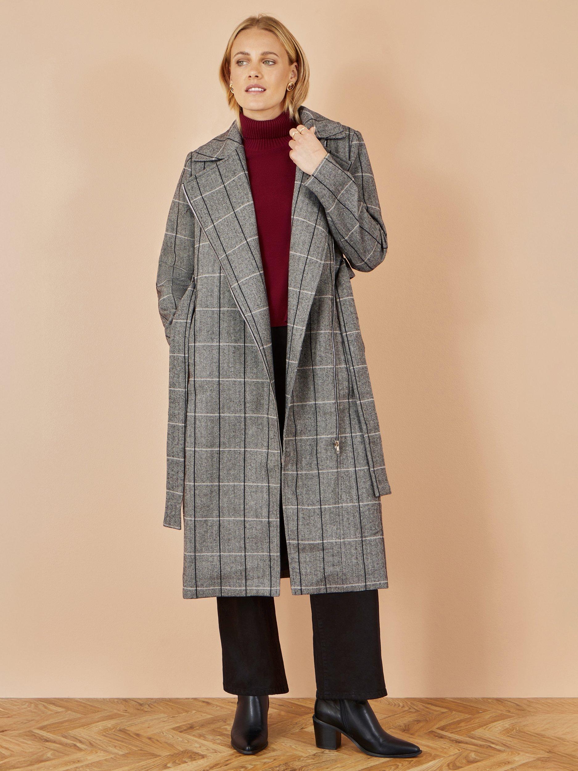 Product image 2 of 5, which shows Yumi Check Oversized Long Biker Coat, Grey, 8