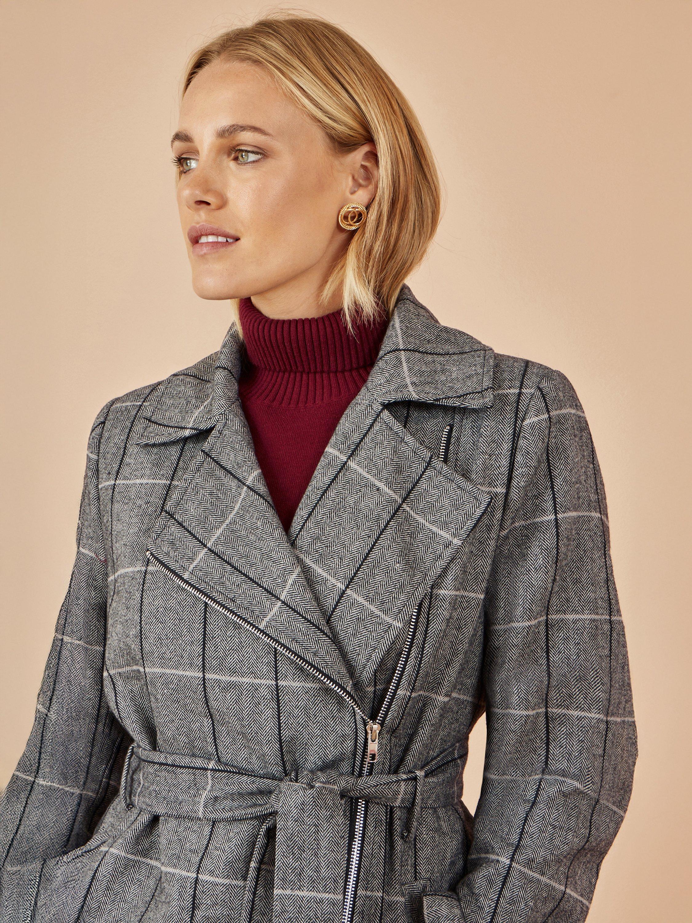 Product image 3 of 5, which shows Yumi Check Oversized Long Biker Coat, Grey, 8